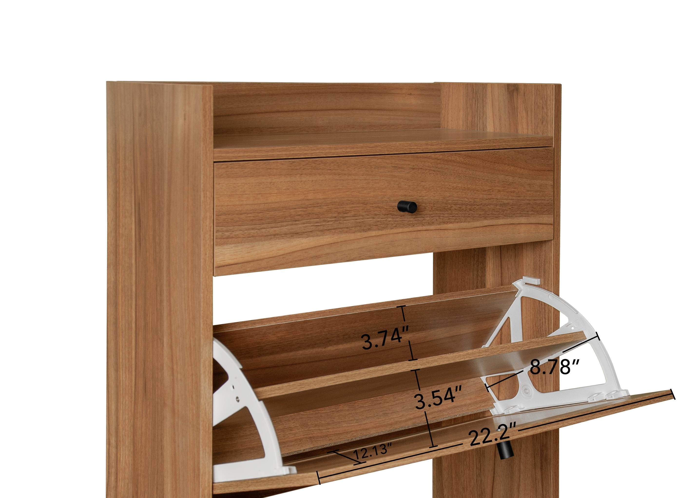 Schuhschrank aus Holz mit Schublade und zwei Klappfächern. Weiße Stützarme sind sichtbar. Maße sind beschriftet.