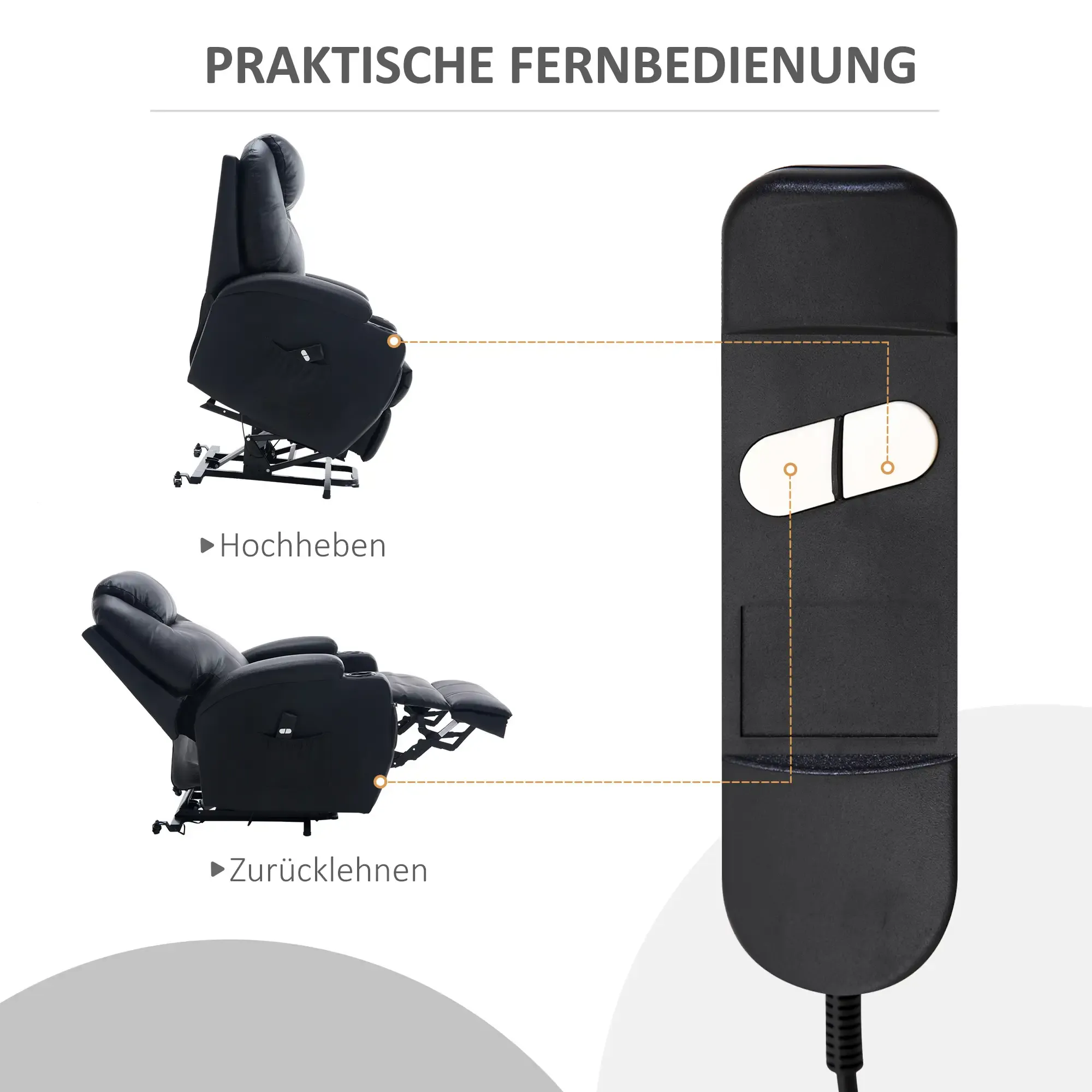 Das Bild zeigt einen Relaxsessel und seine Fernbedienung. Der Stuhl ist schwarz. Die Fernbedienung hat zwei weiße Knöpfe.