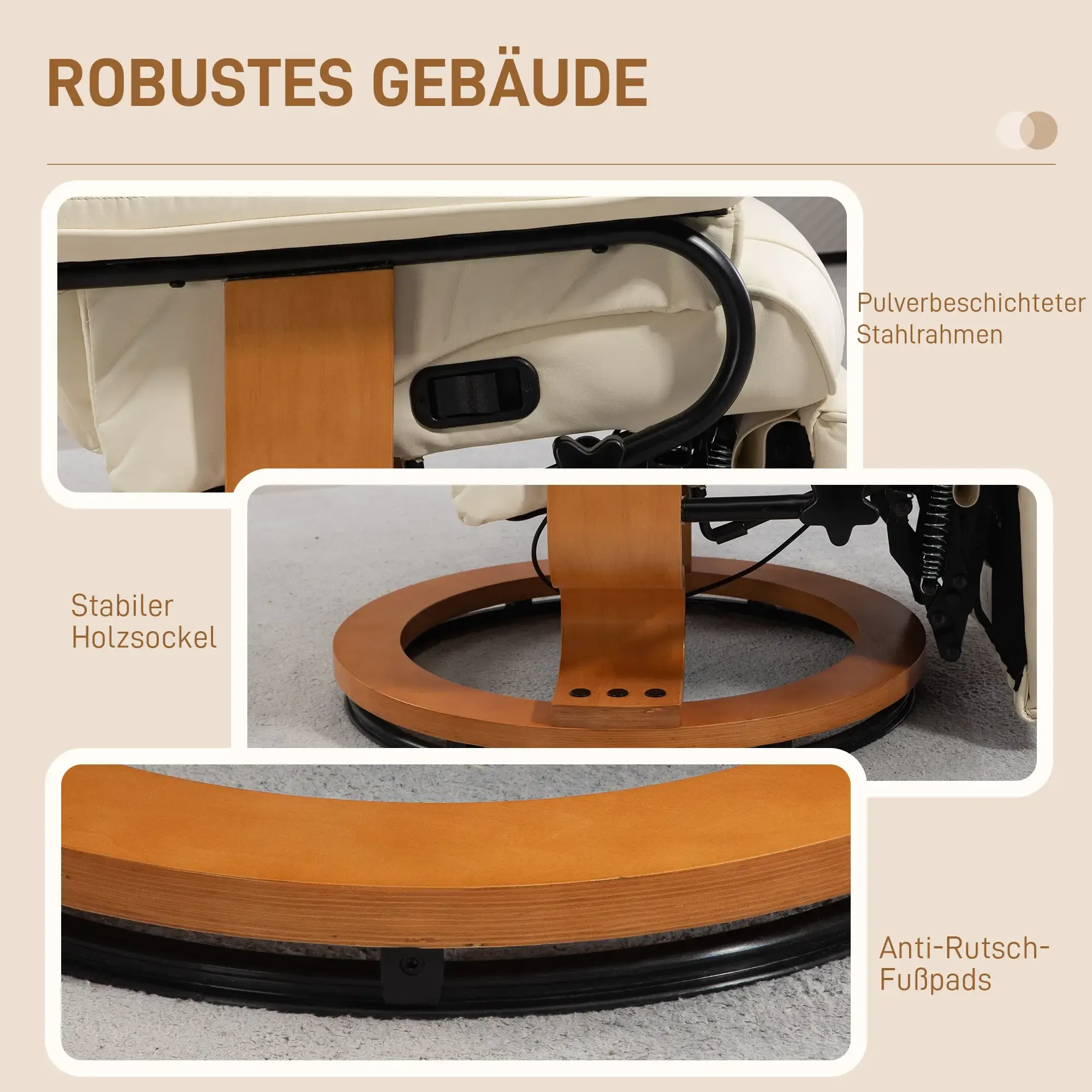 Nahaufnahme eines cremefarbenen Relaxsessels. Details umfassen Holzsockel, pulverbeschichteten Stahlrahmen und Anti-Rutsch-Fußpads.