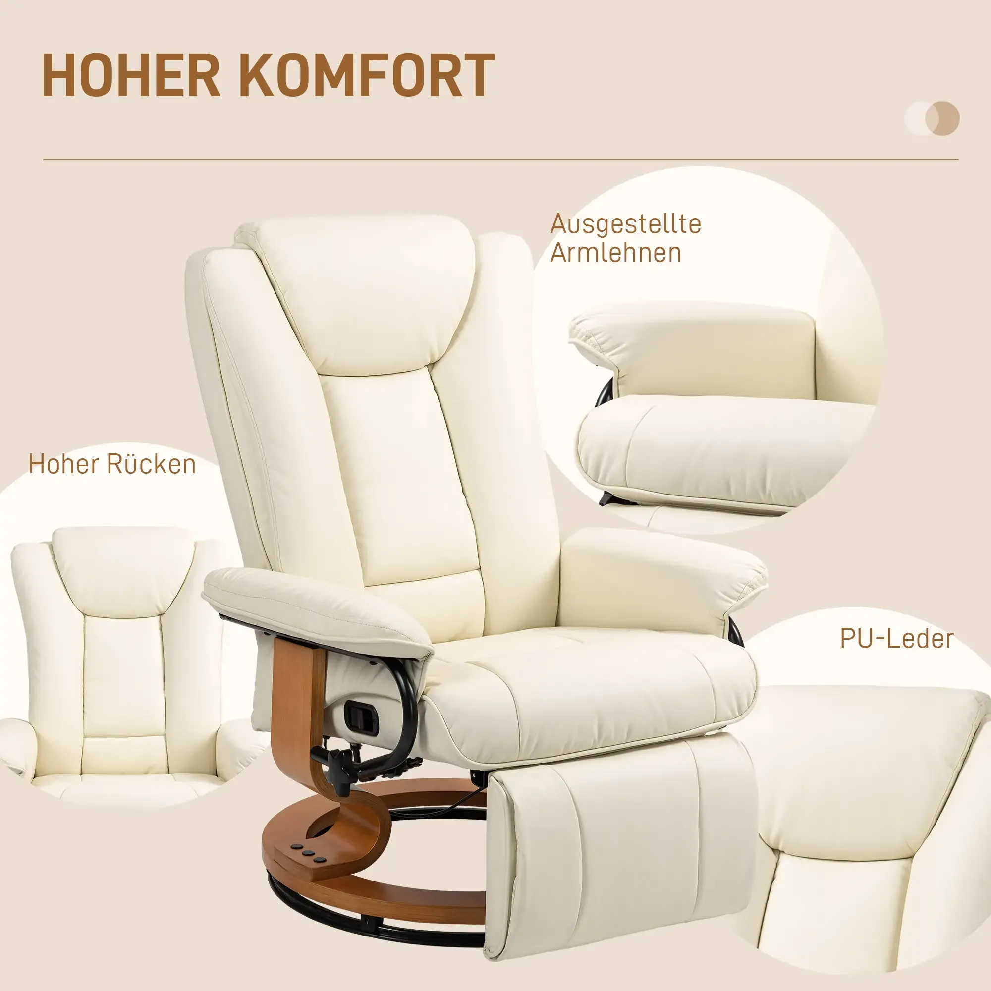 Cremefarbener Relaxsessel mit hohem Rücken und Armlehnen. Details des Stuhls sind hervorgehoben, mit Textbeschriftungen auf Deutsch.