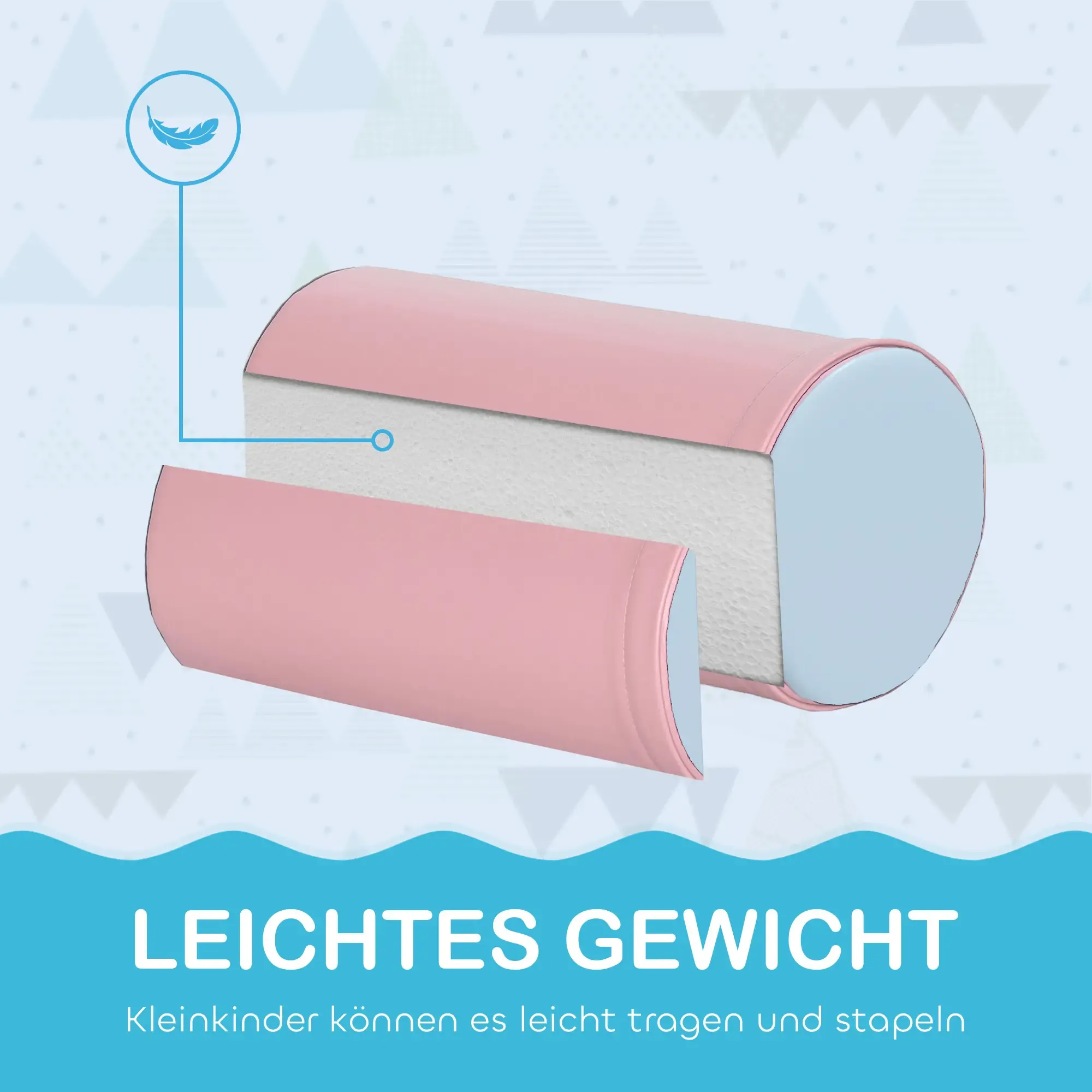 Rosa Kissen mit weißem Schaumstoff innen, blaue Enden. Text sagt 'Leicht'. Federgrafik oben links.