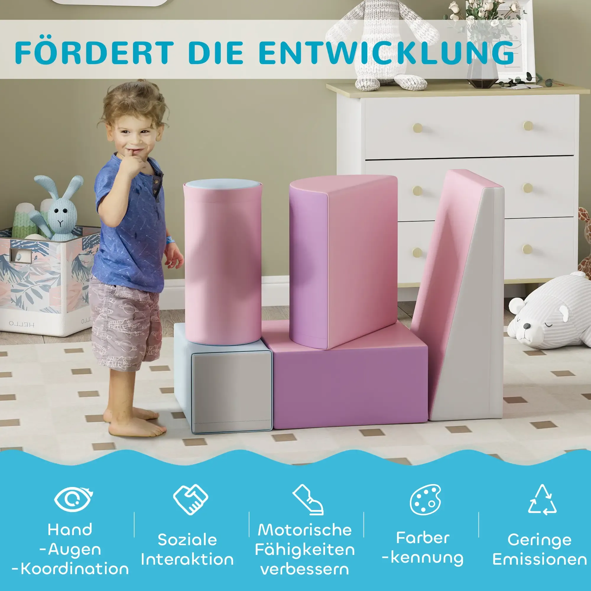 Ein Kind steht in der Nähe von rosa und lila Blöcken. Ein Hase und ein Bär sind im Hintergrund. Der Text lautet "Fördert die Entwicklung".