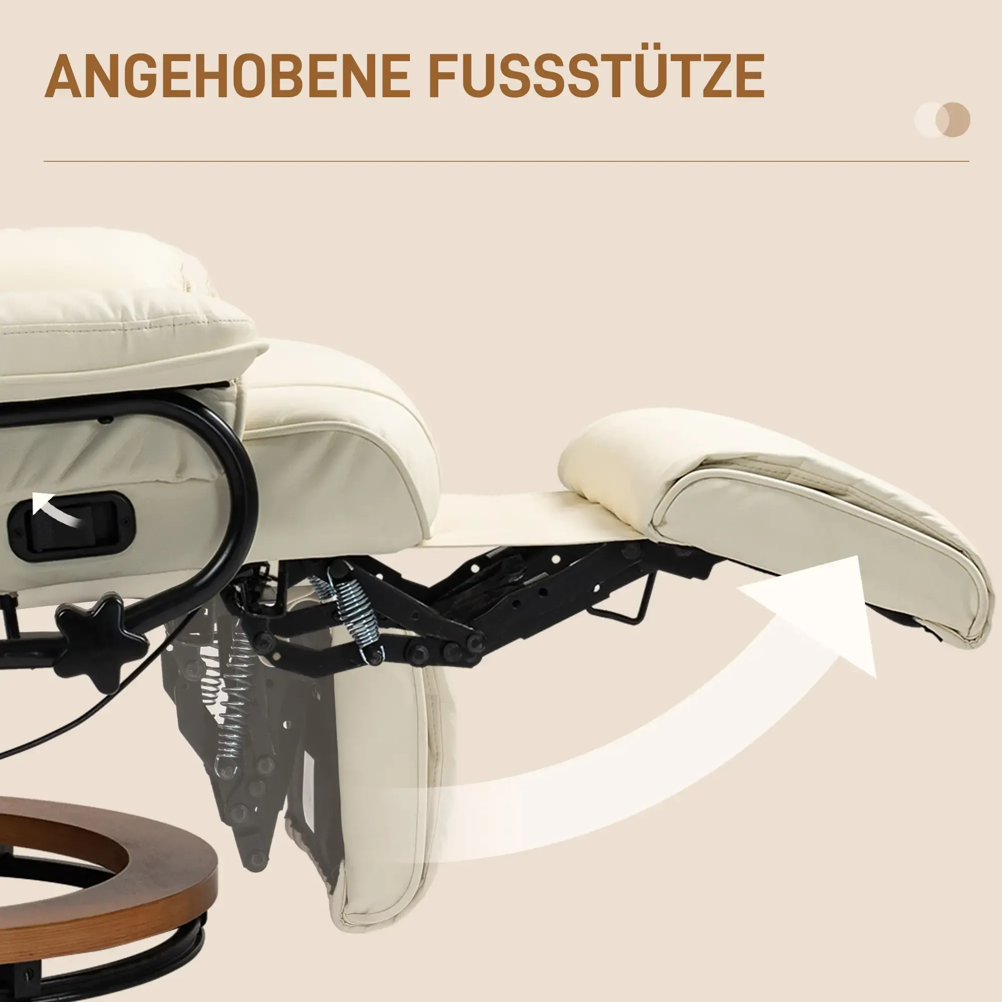 Cremefarbener Sessel, Fußstütze ausgefahren, mit Pfeil, der die Bewegung anzeigt. Schwarzer Metallrahmen und Holzsockel.