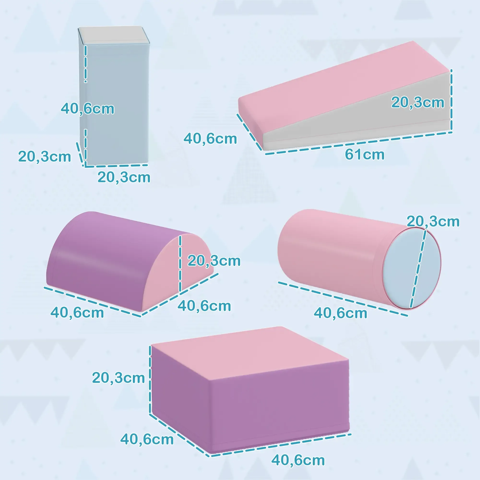Das Bild zeigt Schaumstoffblöcke in verschiedenen Formen und Farben mit Abmessungen. Zu den Formen gehören Rechteck, Rampe, Halbzylinder, Zylinder und Würfel.