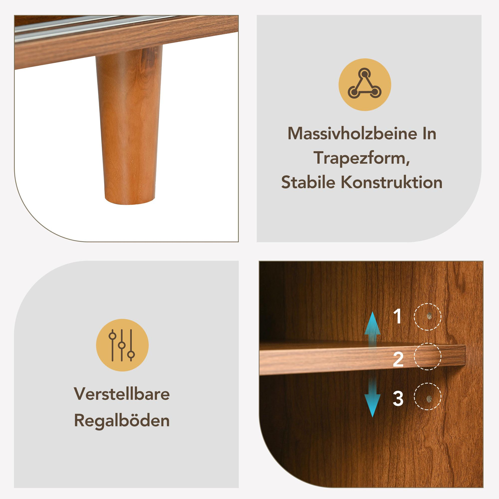 Holztischbein, Text über Trapezbeine, verstellbare Regalböden und Regalverstellungsoptionen in einem Holzschrank.