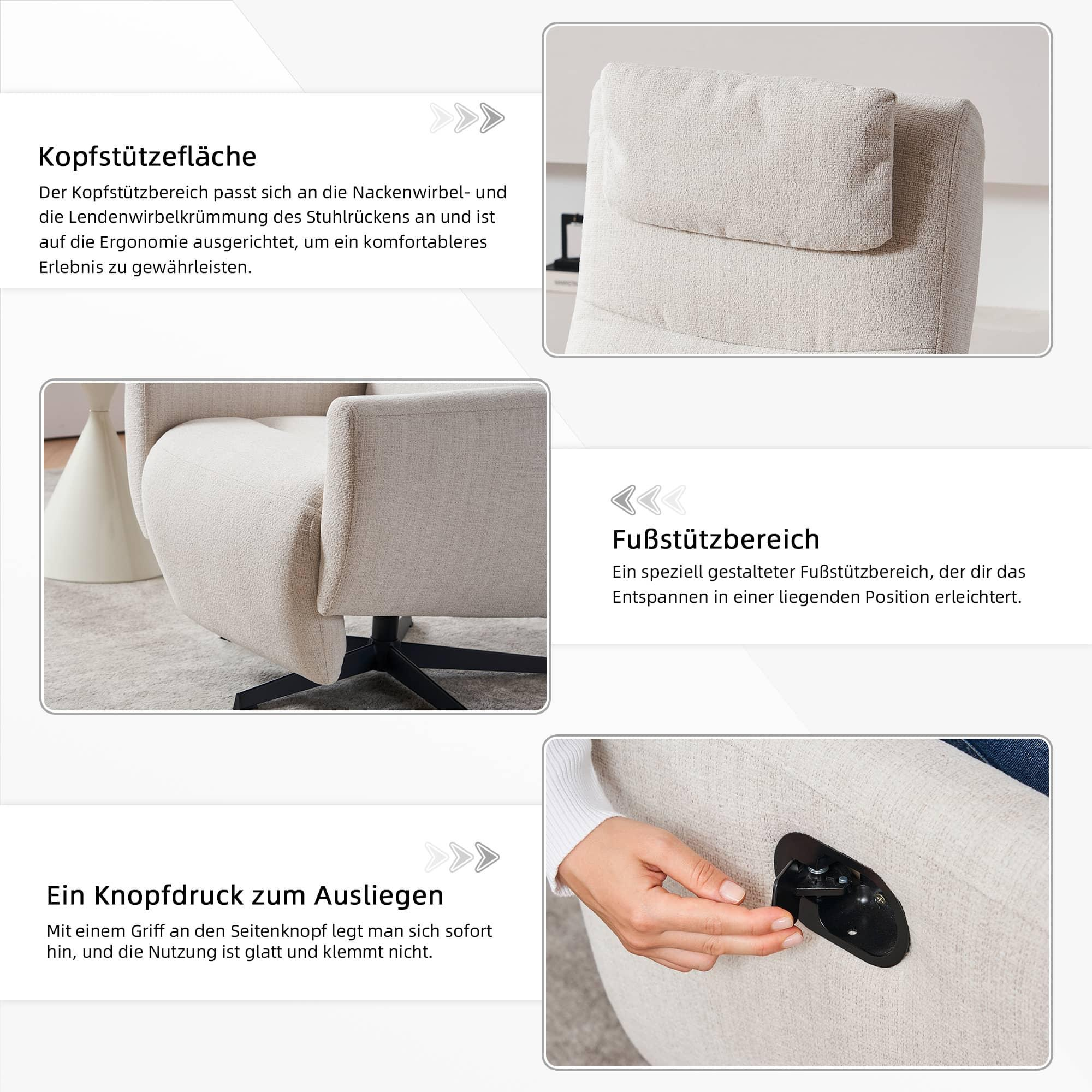 Ein beiger Relaxsessel mit Kopf- und Fußstütze. Eine Hand stellt den Seitenknopf ein.