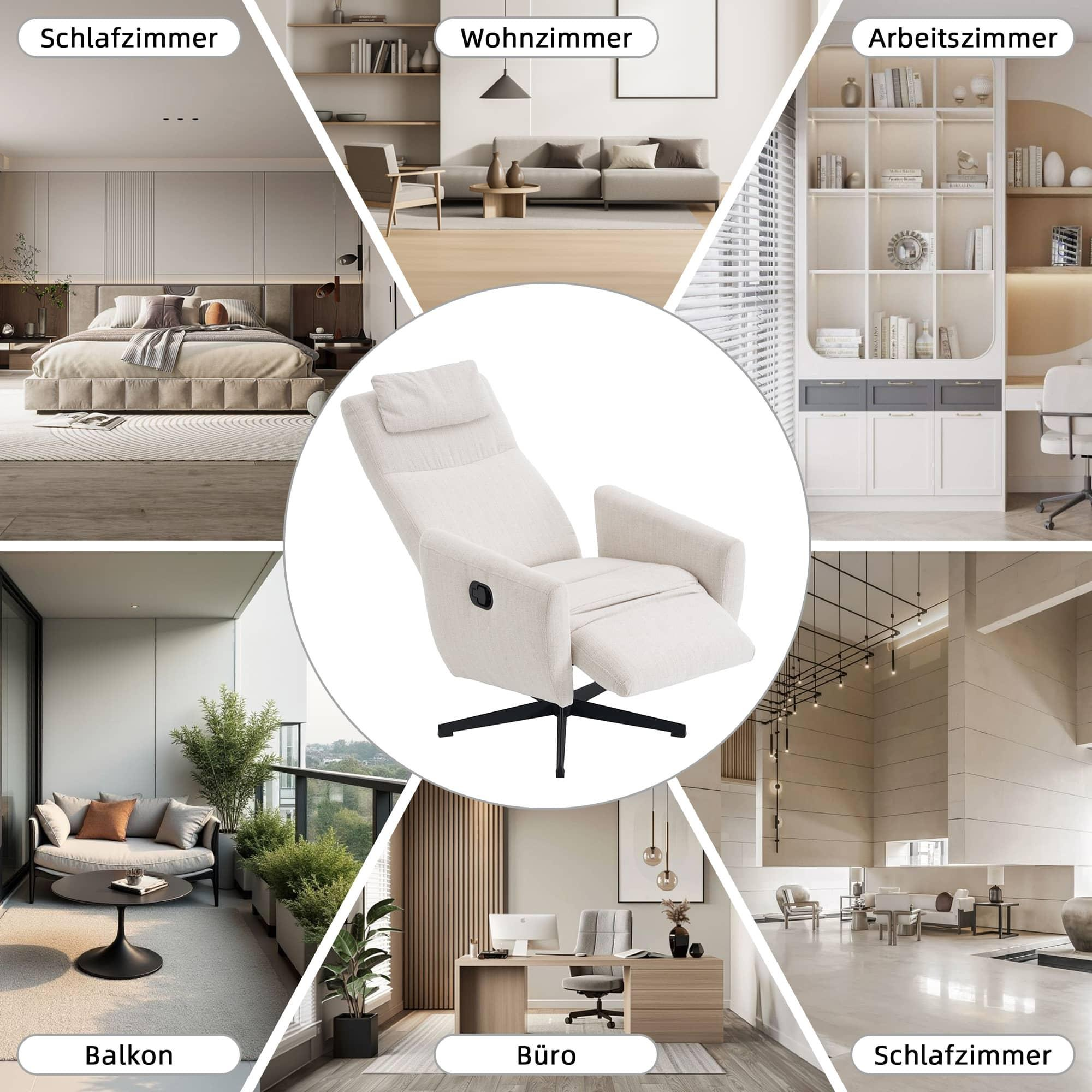 Ein Relaxsessel ist das zentrale Element, umgeben von Bildern verschiedener Räume: Schlafzimmer, Wohnzimmer, Büro, Balkon usw.