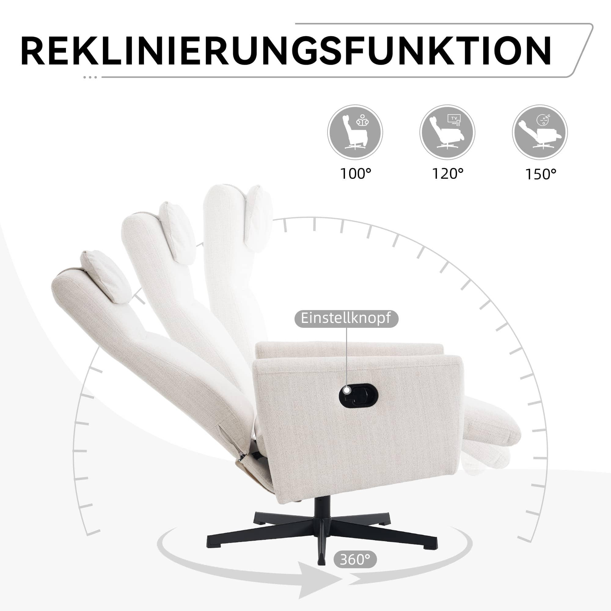 Rücklehnstuhl mit 360°-Basis. Zeigt Liegepositionen von 100° bis 150°. Verfügt über einen Einstellknopf.