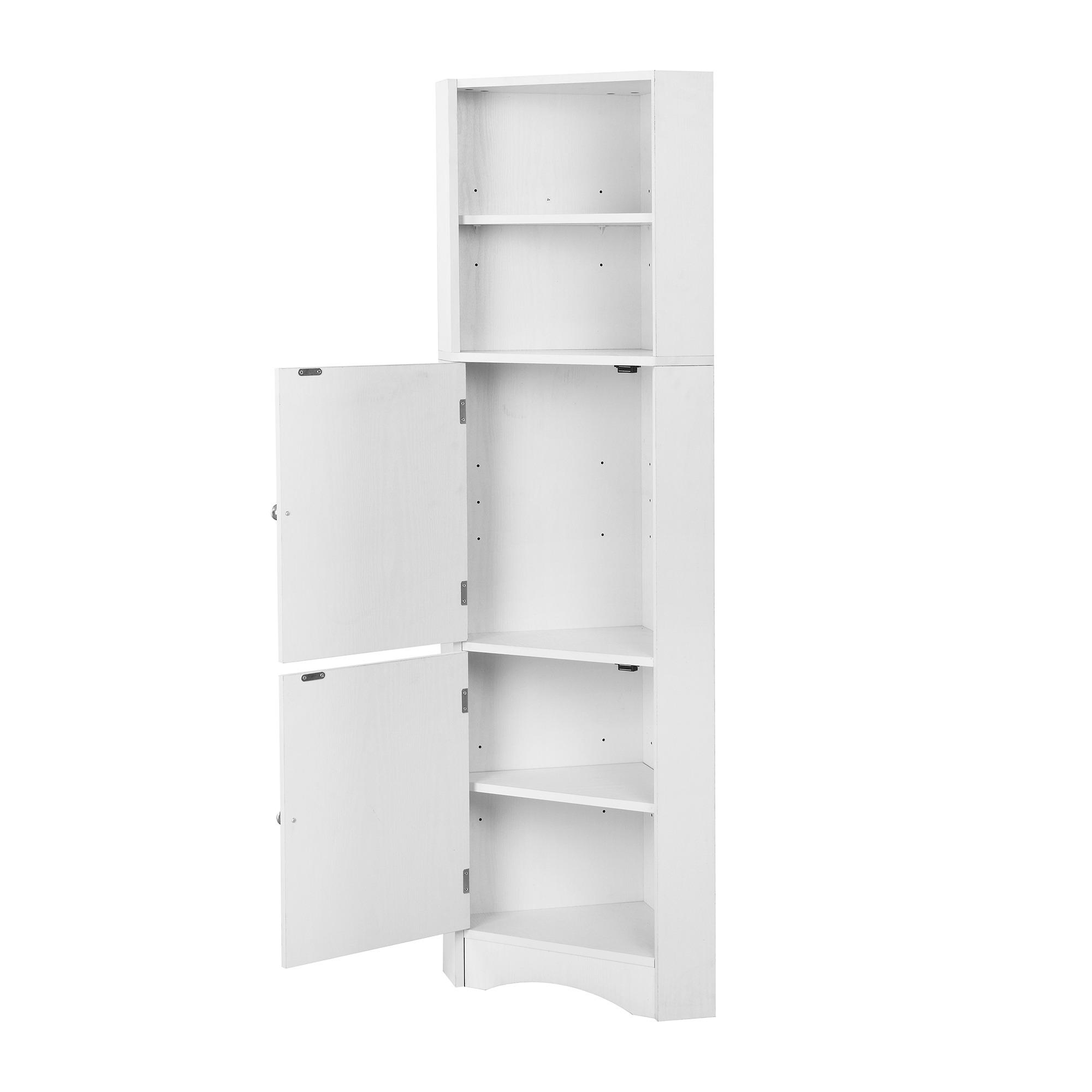 Ein weißer Eckschrank mit offenen Türen, der Regale freigibt. Der Schrank hat einen oberen Teil mit Regalen.
