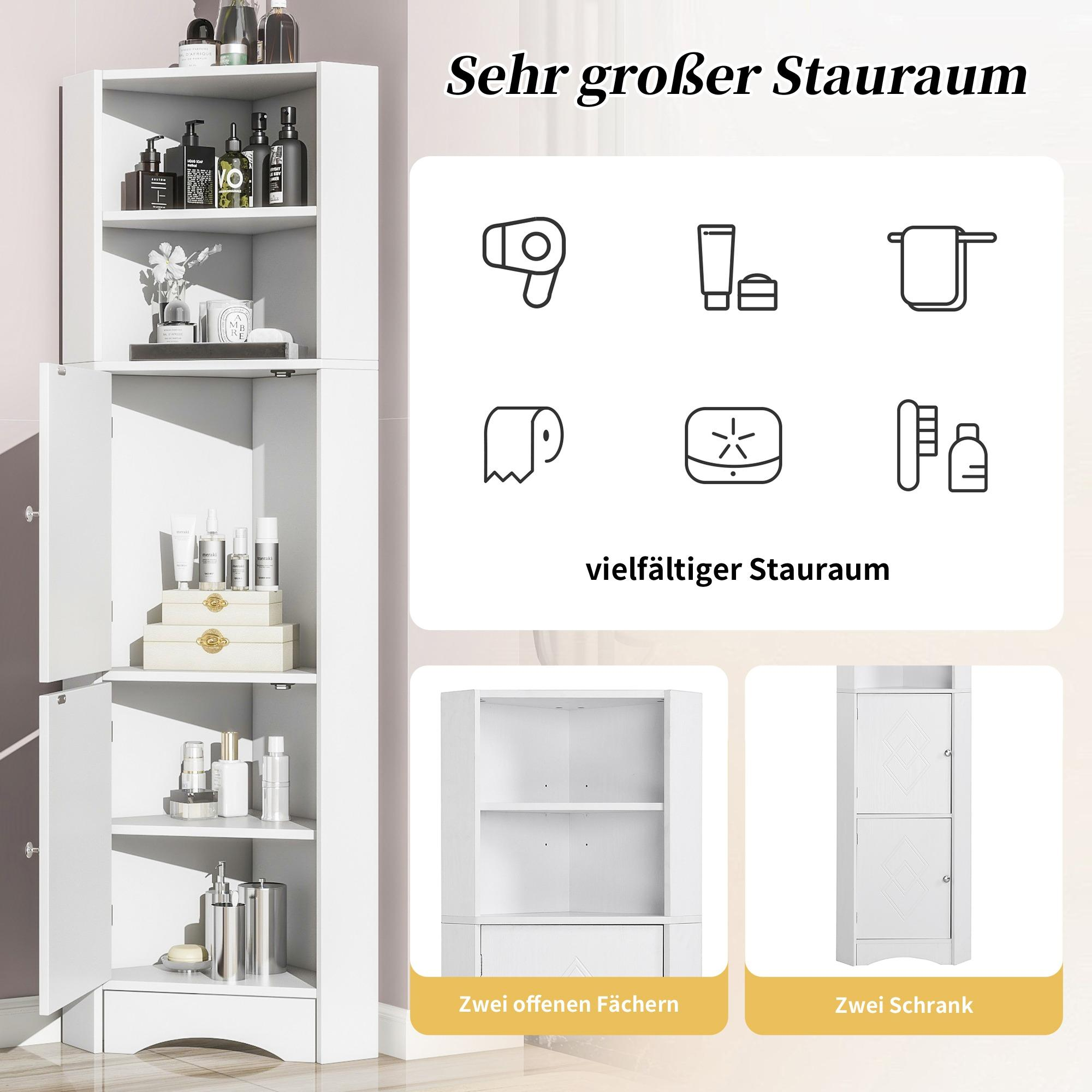 Ein weißer Schrank mit offenen Türen, der Toilettenartikel zeigt. Icons für Haartrockner, Creme, Handtuch und mehr sind zu sehen.
