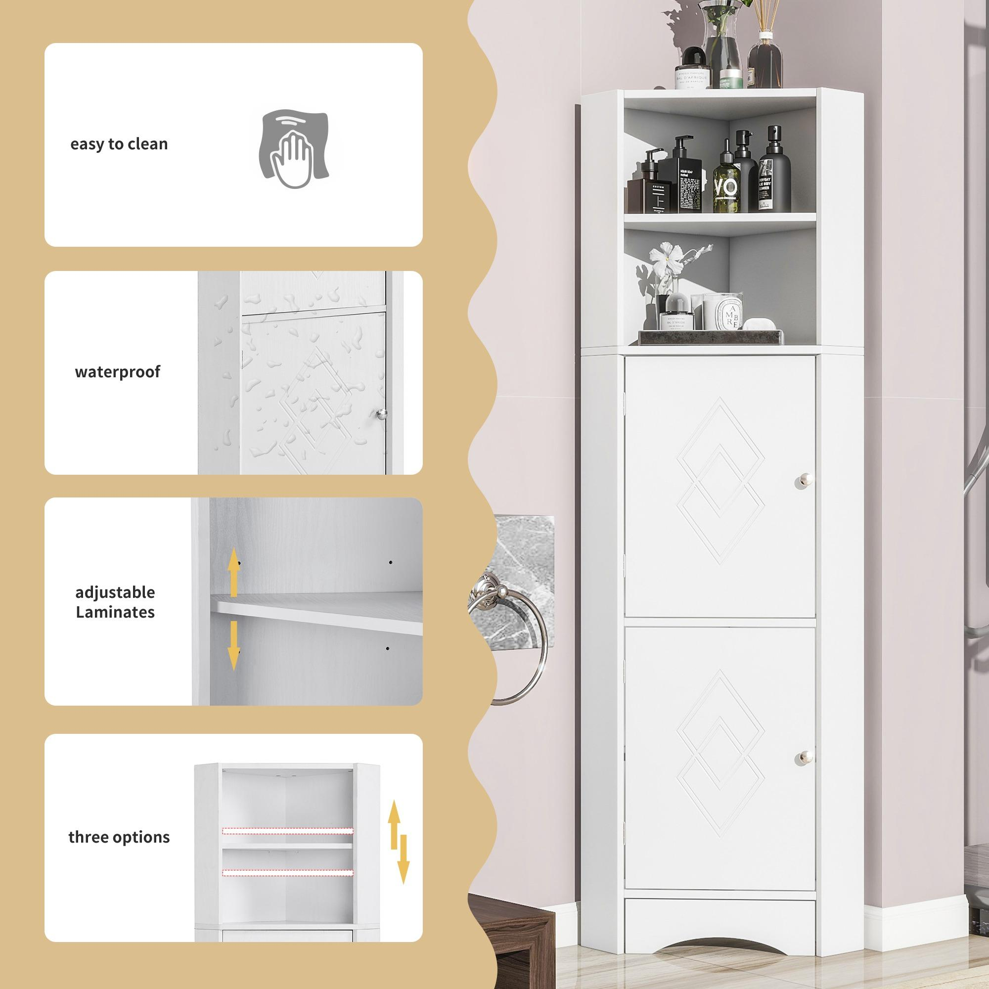 Weißer Eckschrank mit offenen Regalen und zwei Türen. Eigenschaften: leicht zu reinigen, wasserdicht, verstellbare Laminate und drei Optionen.