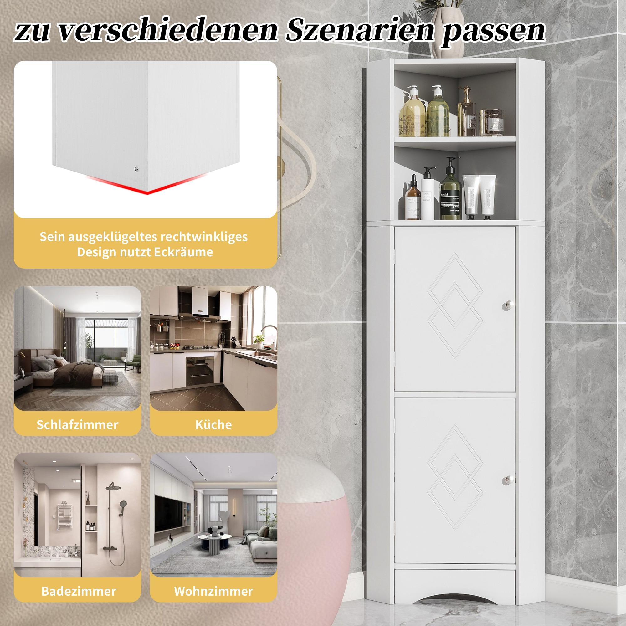 Weißer Eckschrank mit offenen Regalen. Hat Türen mit Diamantdesigns. Gezeigt in verschiedenen Raumeinstellungen wie Schlafzimmer, Küche und Bad.