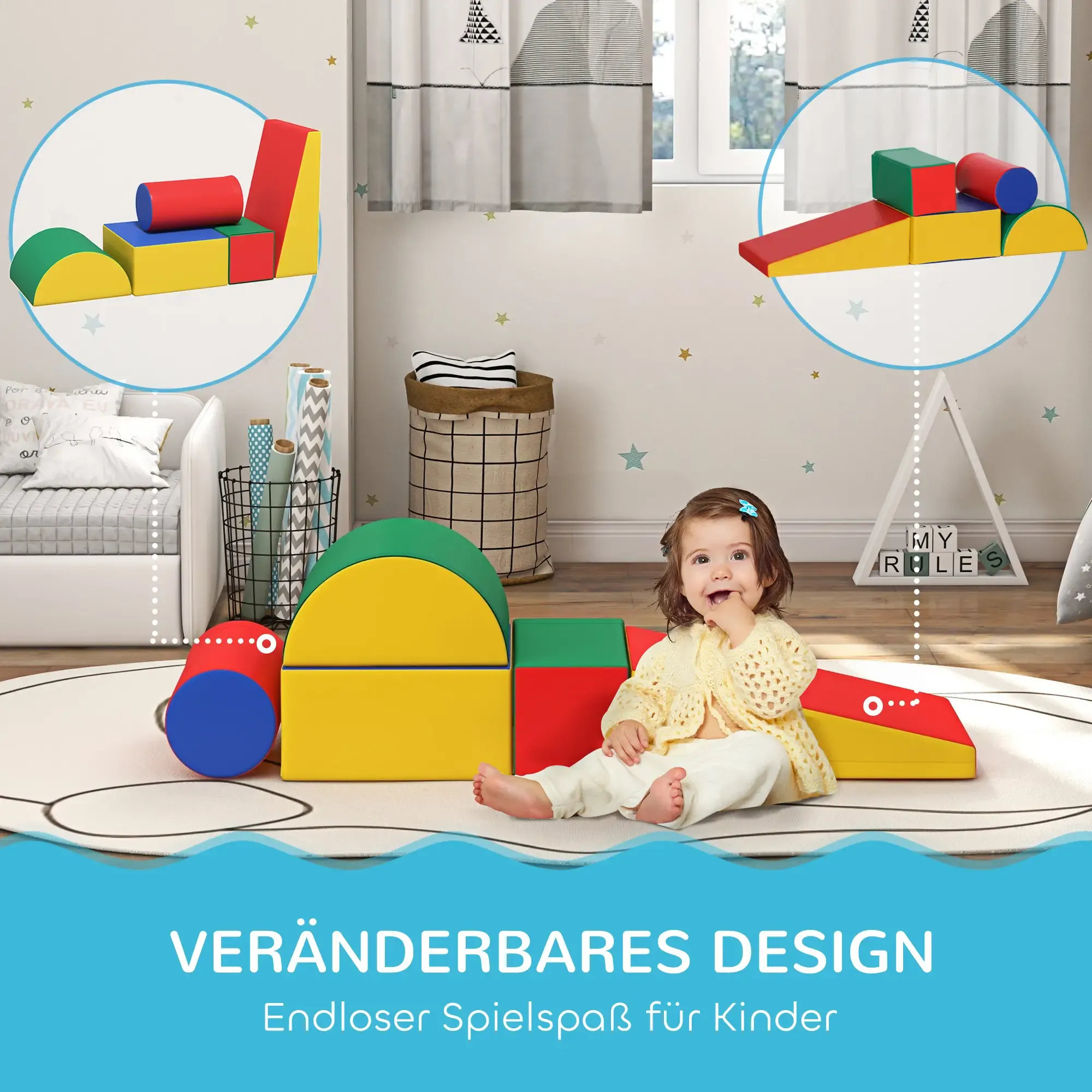 Ein Baby sitzt in der Nähe von Schaumstoffblöcken. Die Blöcke haben verschiedene Farben und Formen. Der Hintergrund umfasst ein Bett, einen Vorhang und eine Wand mit Sternenmuster.