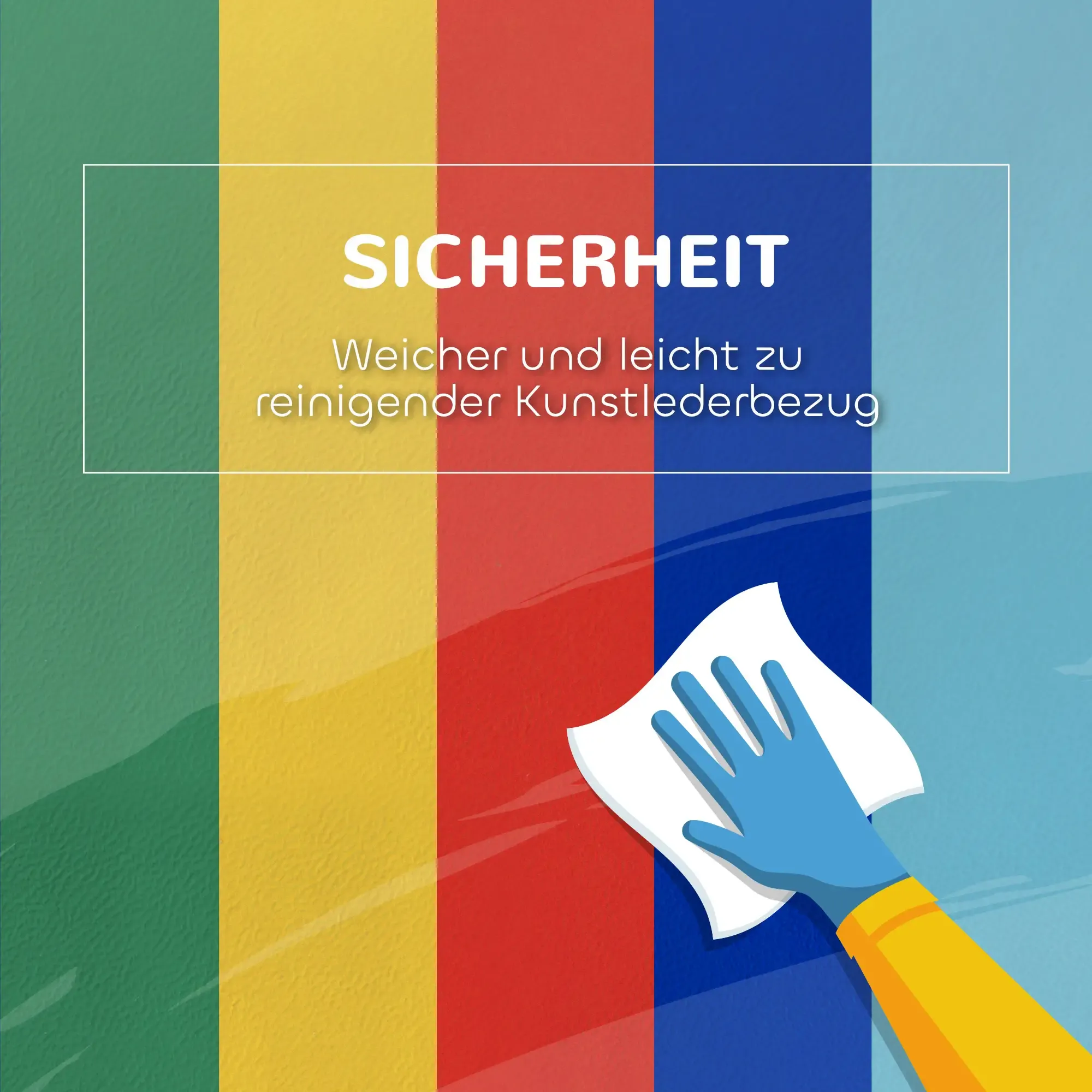 Bild zeigt eine Hand in einem blauen Handschuh, die eine Oberfläche abwischt. Der Hintergrund hat vertikale Streifen in verschiedenen Farben.