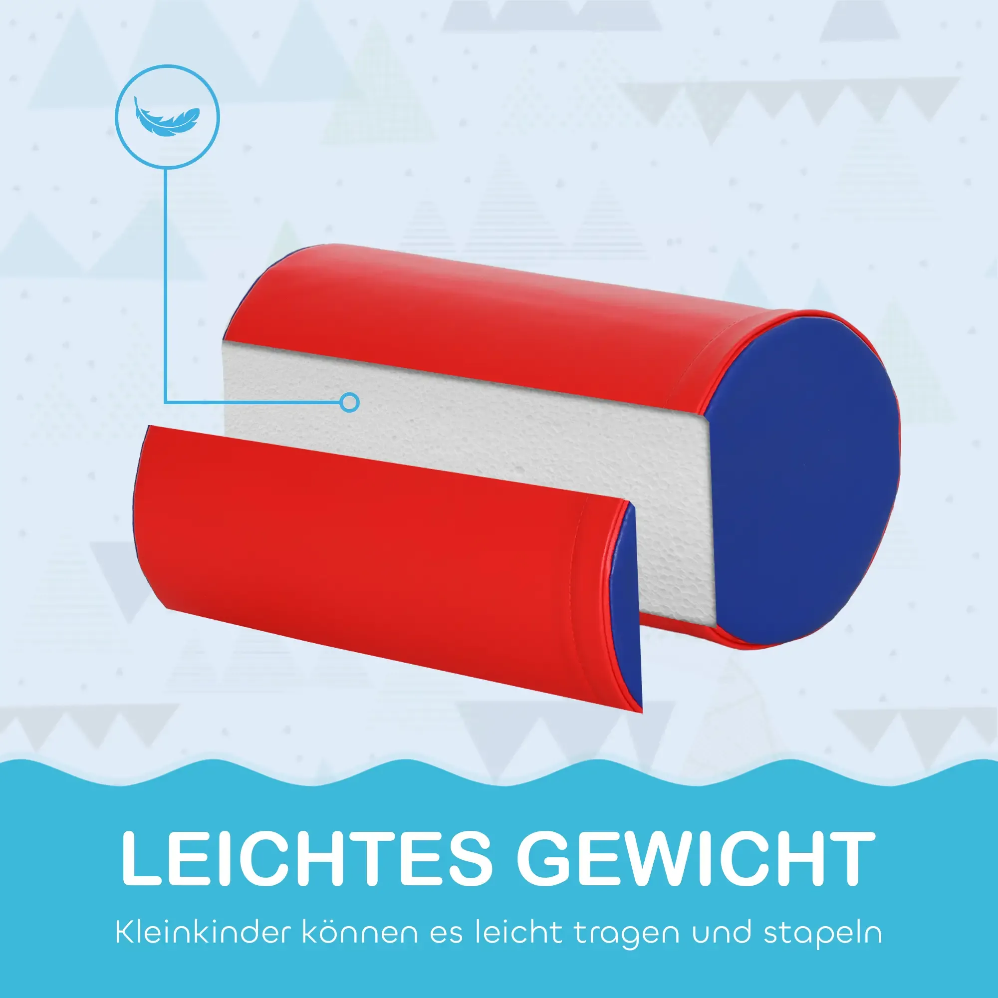 Roter und blauer Schaumstoffzylinder. Text: "Leichtes Gewicht". Feder-Symbol. Weißer Hintergrund mit blauen Akzenten.
