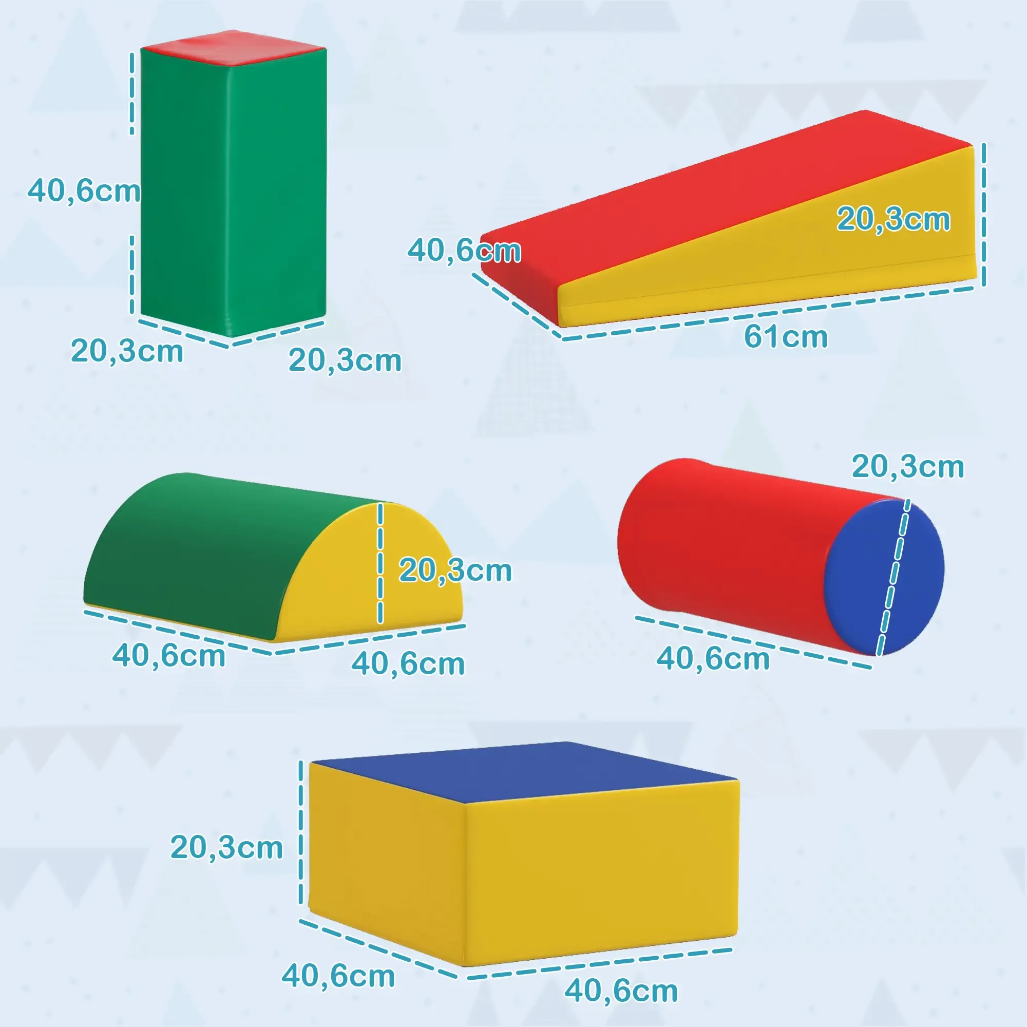 Das Bild zeigt bunte Schaumstoffformen: einen rot-grünen Block, eine rot-gelbe Rampe, einen grün-gelben Halb-Zylinder, einen roten Zylinder und einen gelb-blauen Block.