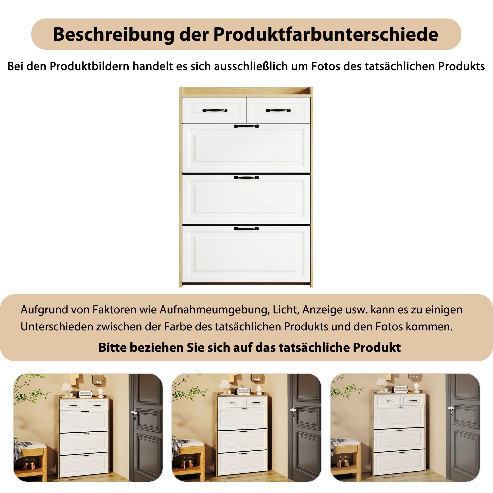 Bild zeigt einen weißen Schuhschrank mit drei Schubladen. Ein Text auf Deutsch bespricht Farbunterschiede.