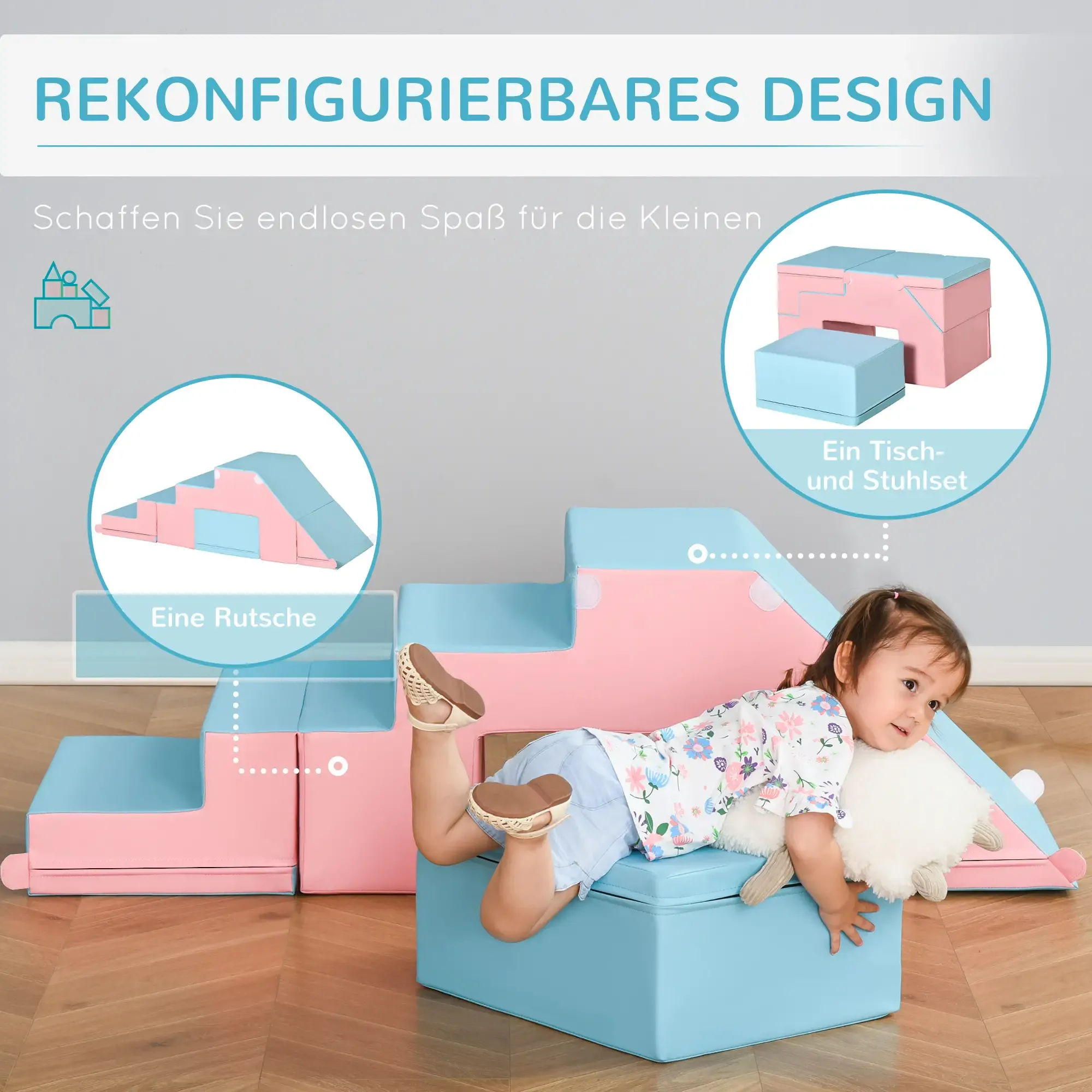 Ein Kind spielt auf einem weichen, rosa-blauen Spielset. Das Set umfasst Treppen, eine Rutsche sowie Tisch und Stuhl.