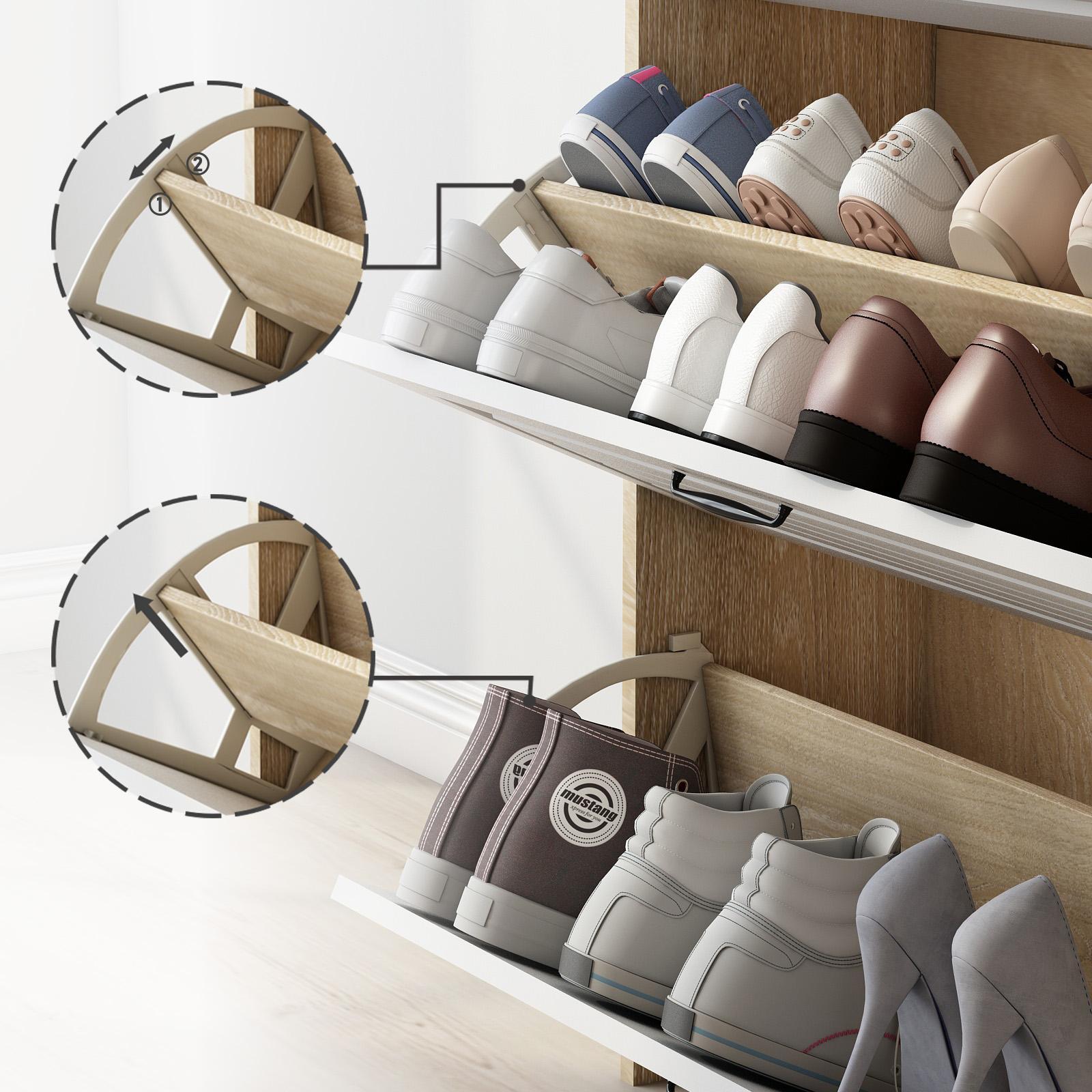 Schuhregal mit verschiedenen Schuhen. Das Regal hat zwei Reihen. Es ist offen und zeigt Schuhe. Detaillierte Ansicht des Regalmechanismus.