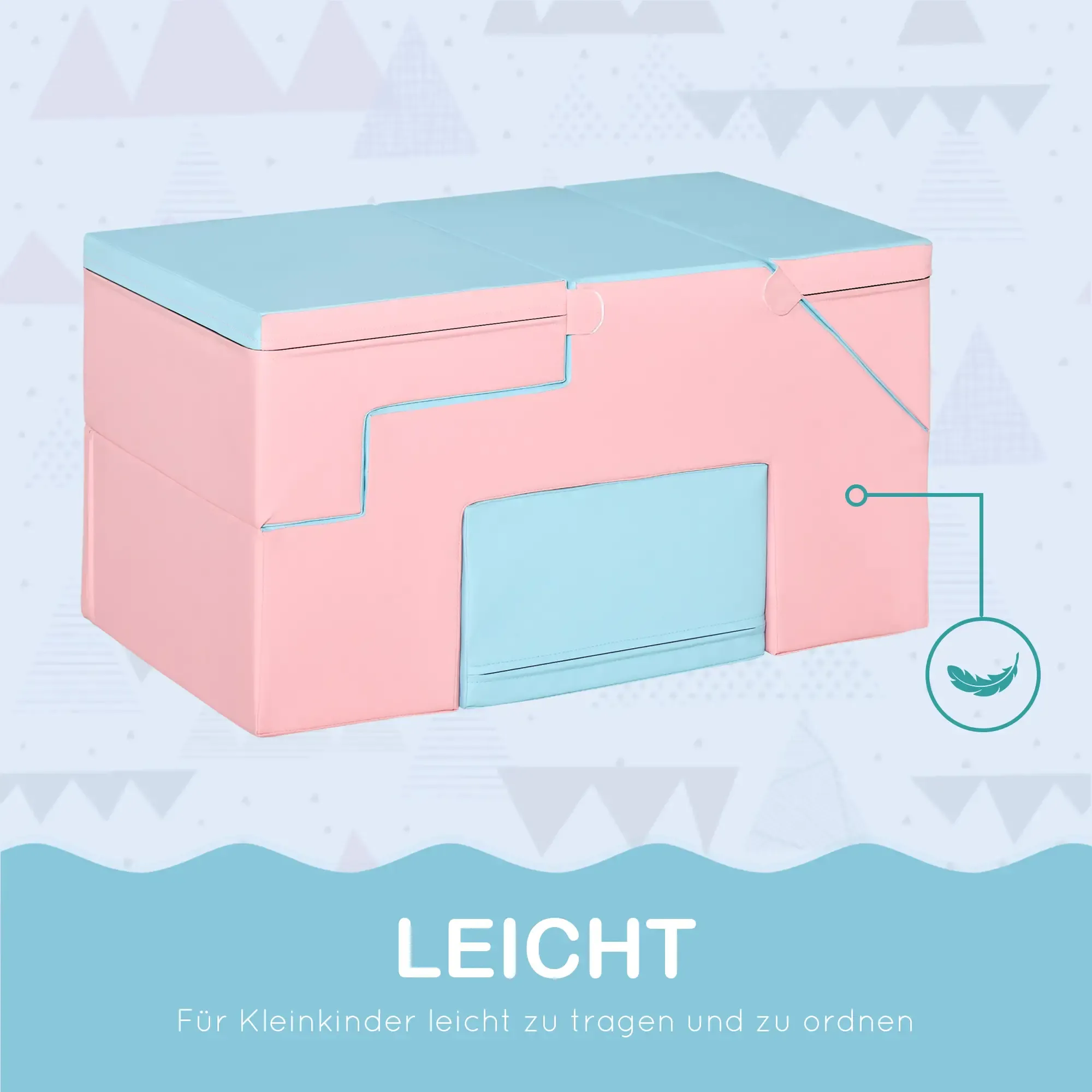 Rosa und blaue Aufbewahrungsbox, Text 'LEICHT' und 'Für Kleinkinder leicht zu tragen und zu ordnen' mit einem Federsymbol.