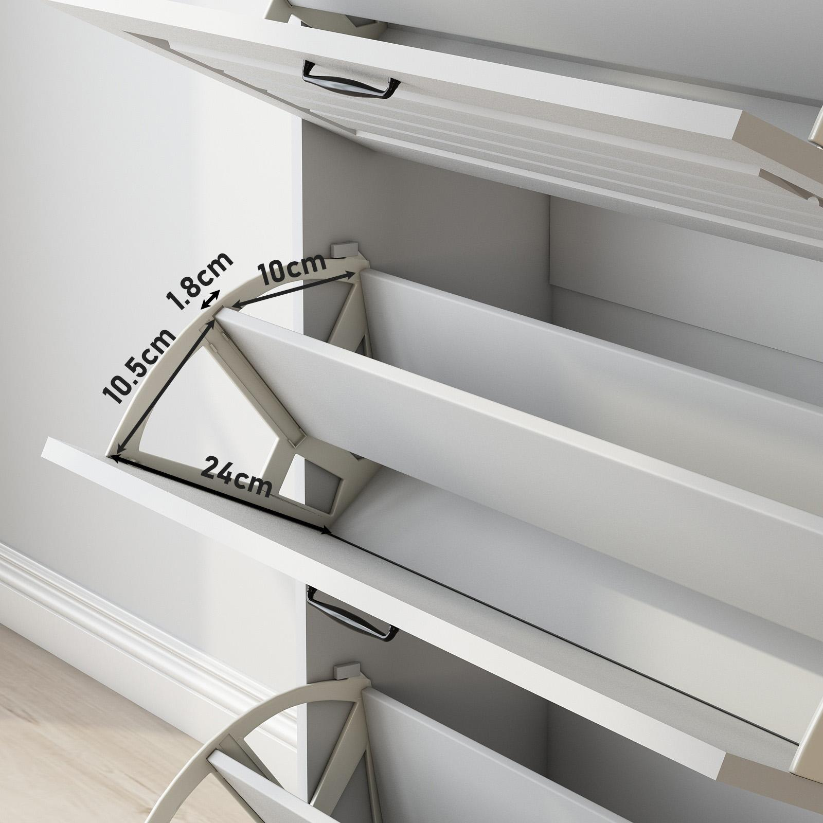 Weißer Schuhschrank mit offenen Fächern. Messungen sind beschriftet: 10,5 cm, 1,8 cm, 10 cm und 24 cm.