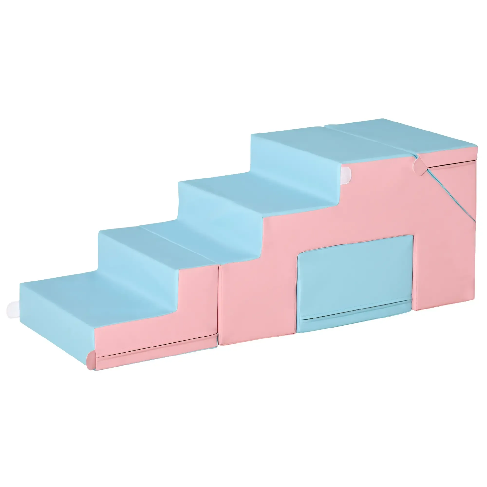 Ein rosa-blaues Schaumstoff-Stufenset für Kinder, mit drei Stufen und einem kleinen Fach.