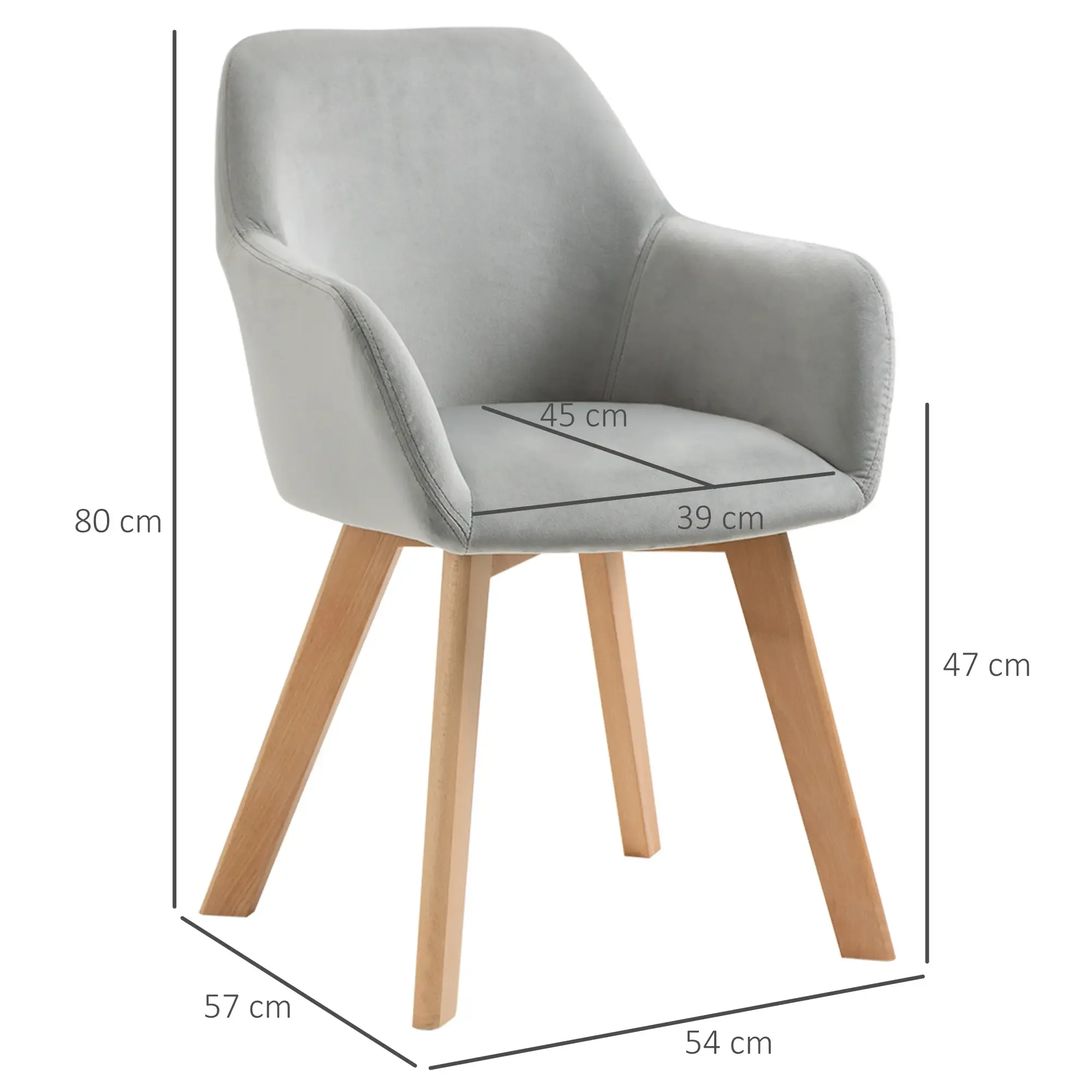 Grauer Sessel mit Holzbeinen. Abmessungen: 80 cm Höhe, 57 cm Breite, 54 cm Tiefe, 47 cm Beinhöhe, 45 cm Sitzbreite.