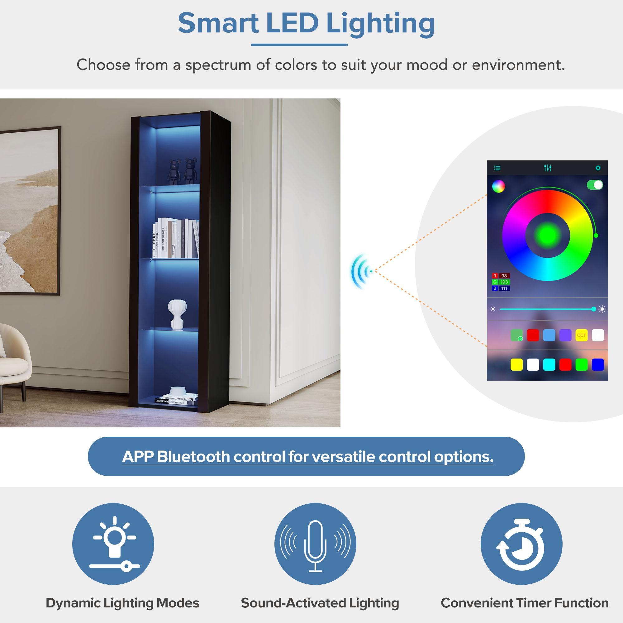 Ein schwarzer Schrank mit blauer LED-Beleuchtung. Farbkontroll-App-Oberfläche. Symbole für Modi, Ton und Timer.
