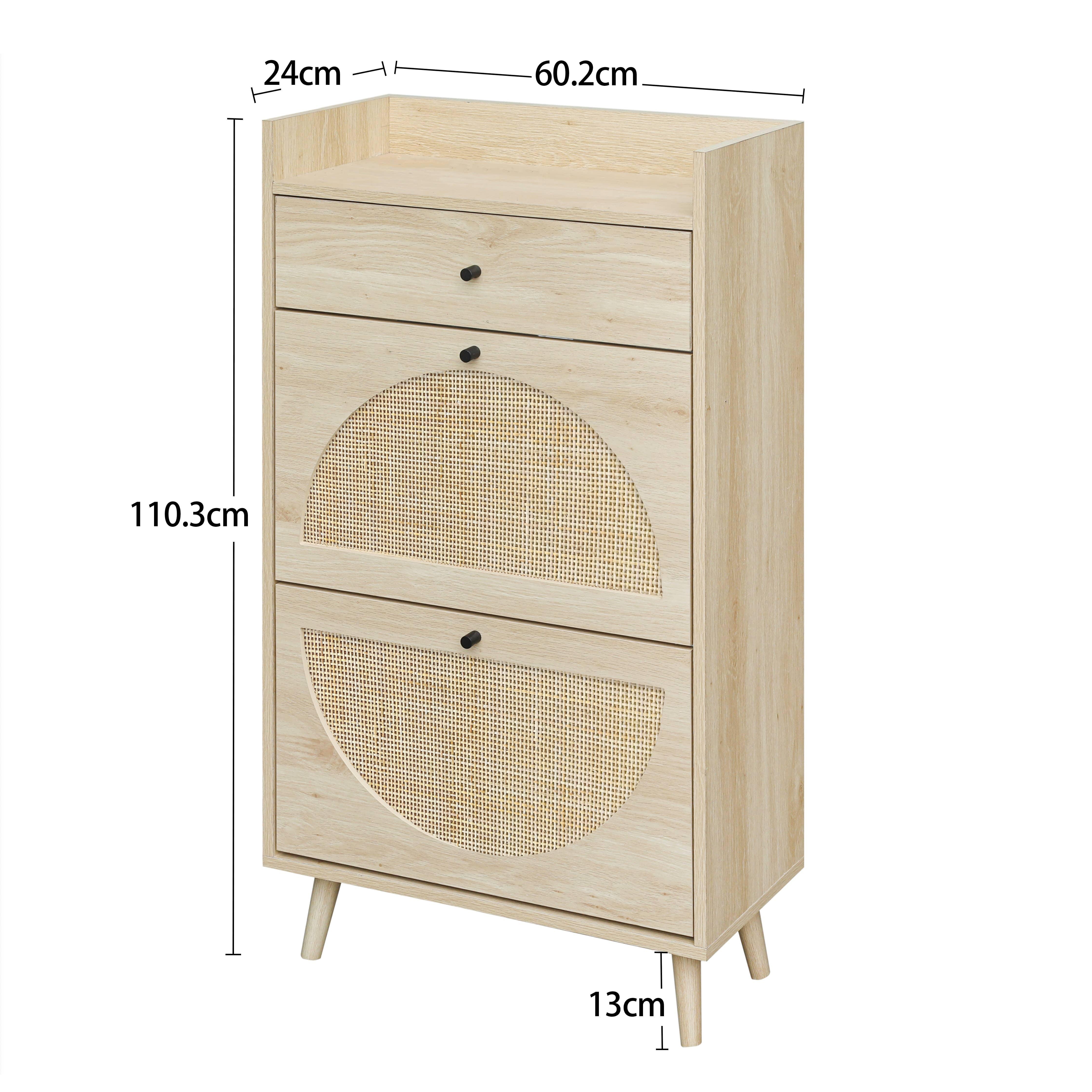 Holzschrank mit drei Schubladen. Zwei Schubladen haben ein gewebtes Muster. Abmessungen sind beschriftet.