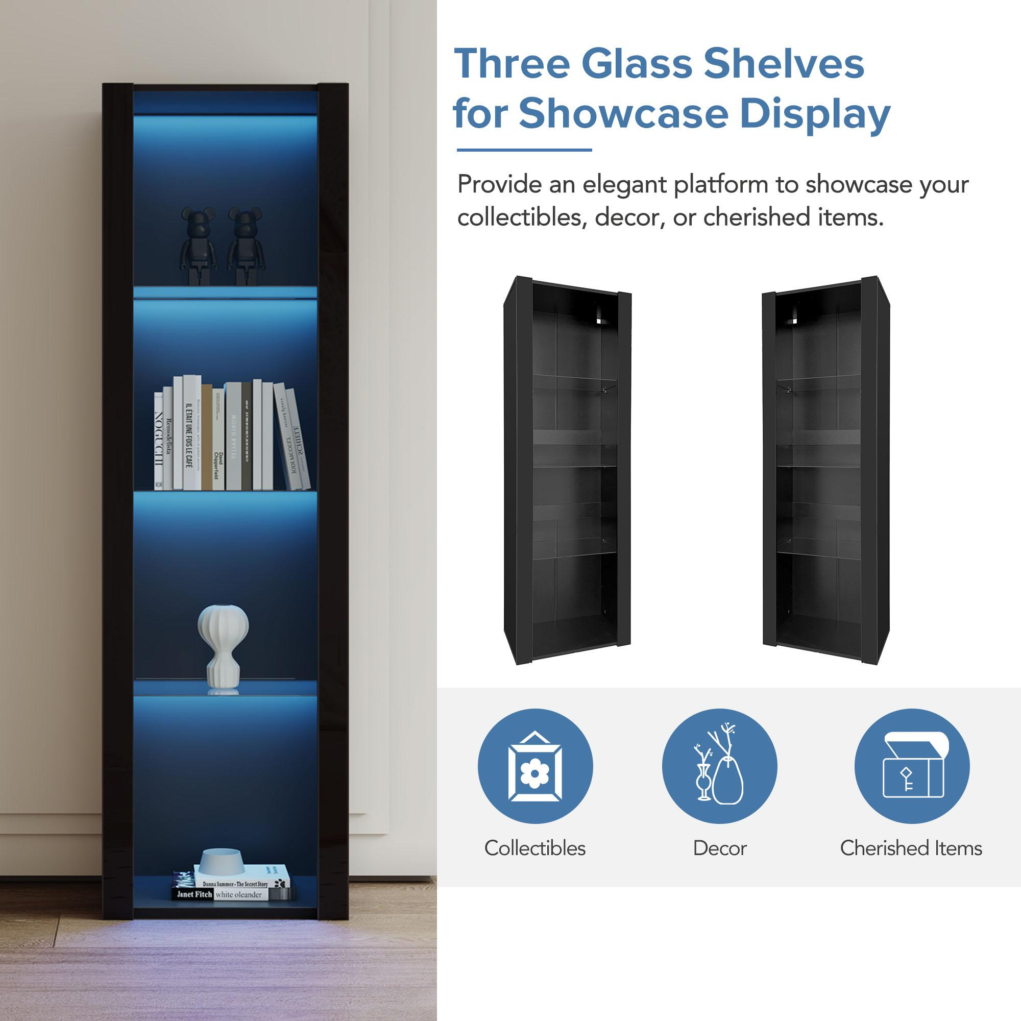 Schwarzer Schrank mit Glasböden, blaue Beleuchtung. Enthält Bücher, Figuren und Dekorationsartikel. Text: 'Showcase Display'.