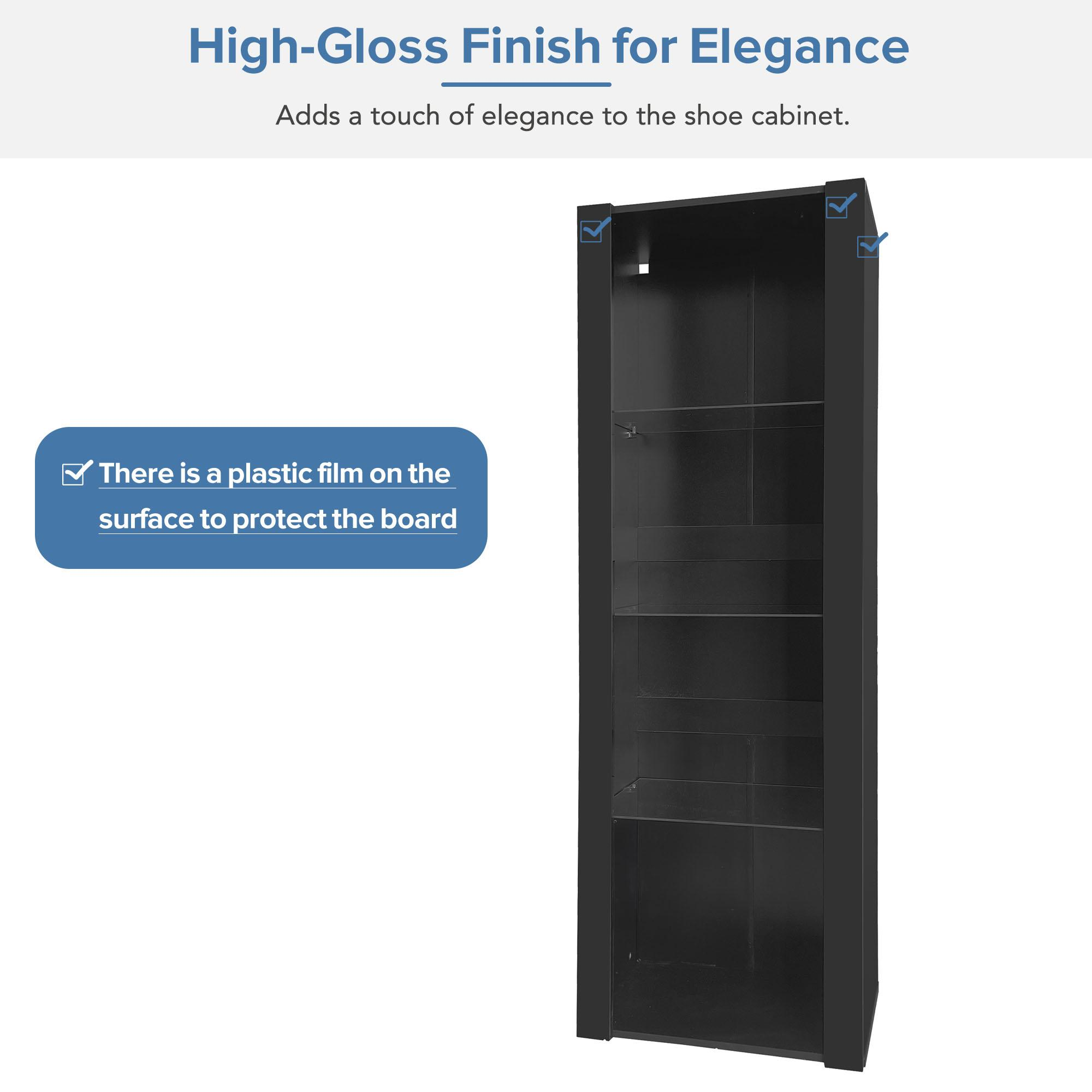 Ein hoher, schwarzer Schuhschrank mit Regalen steht vor einem weißen Hintergrund. Der Text lautet 'Hochglanz-Finish'.