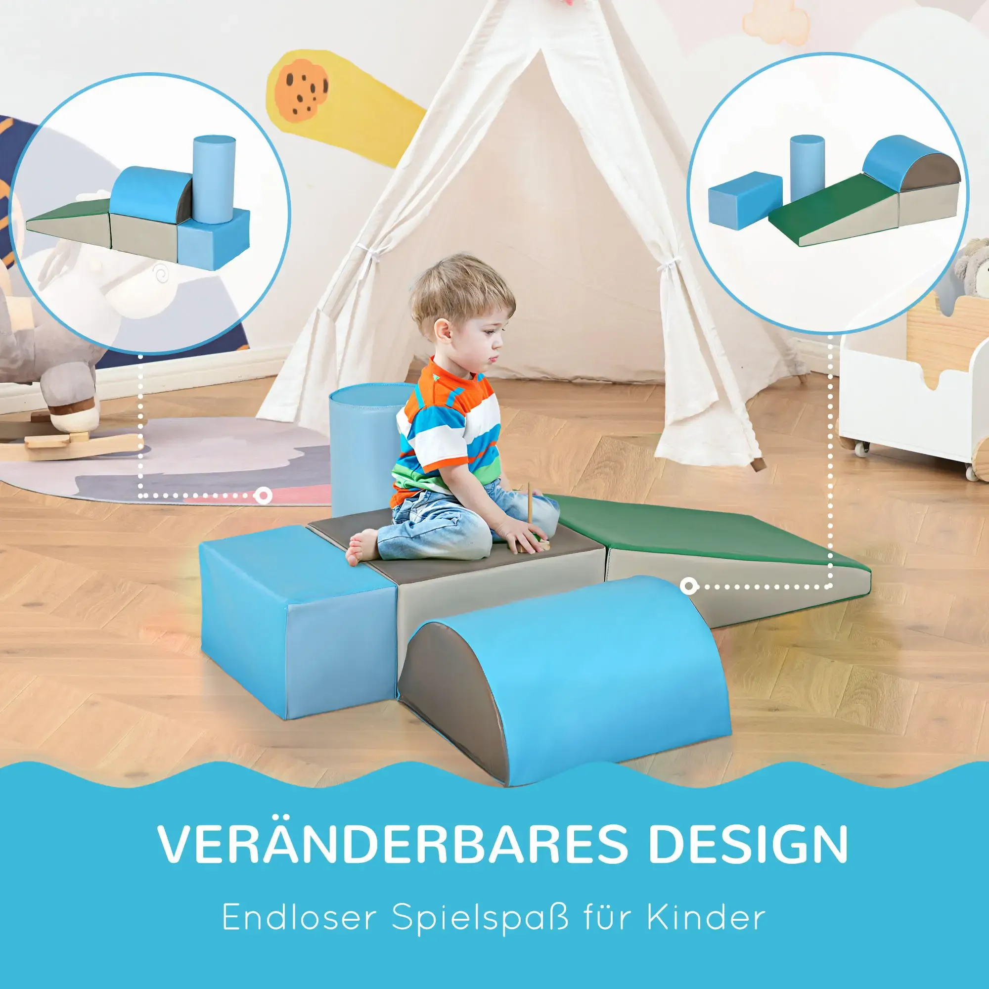 Ein Kind sitzt auf Schaumstoffblöcken. Bunte Formen werden gezeigt. Im Hintergrund befindet sich ein Tipi.