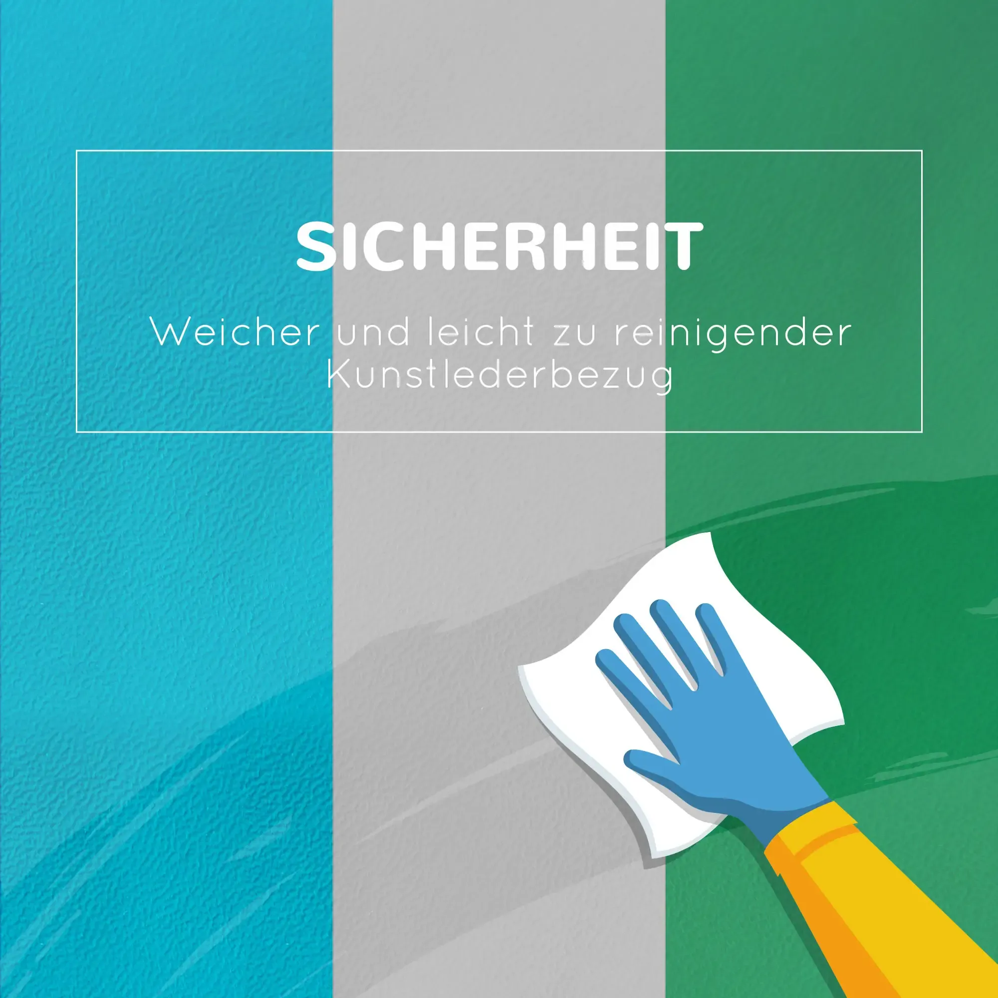 Das Bild zeigt eine Hand mit blauem Handschuh, die eine Oberfläche reinigt. Die Oberfläche ist in blaue, graue und grüne Abschnitte unterteilt.