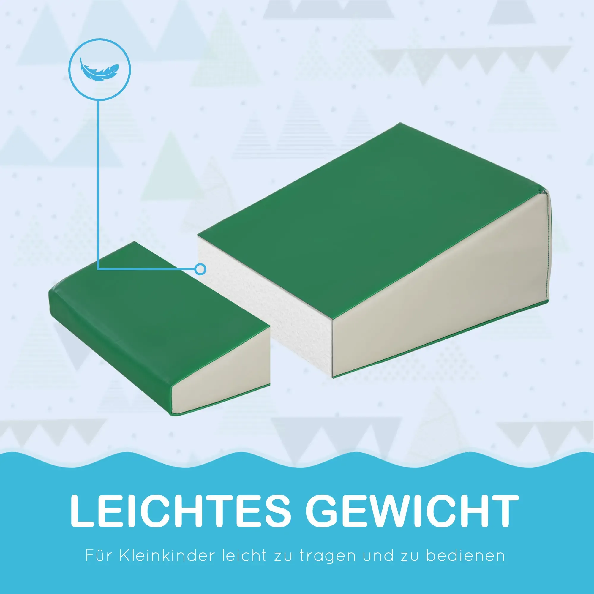 Grüne und beige Schaumstoffblöcke. Text "LEICHTES GEWICHT" und Feder-Symbol. Hintergrund mit Dreiecksformen.