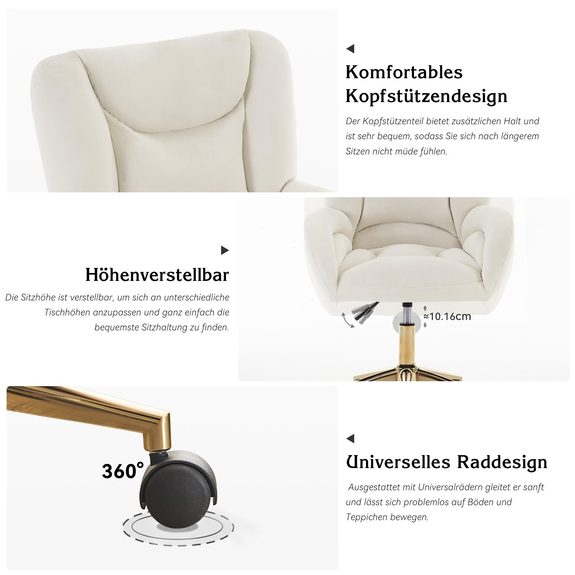 Cremefarbener Bürostuhl mit verstellbarer Höhe und 360°-Rädern. Merkmale umfassen Kopfstütze und Universal-Raddesign.
