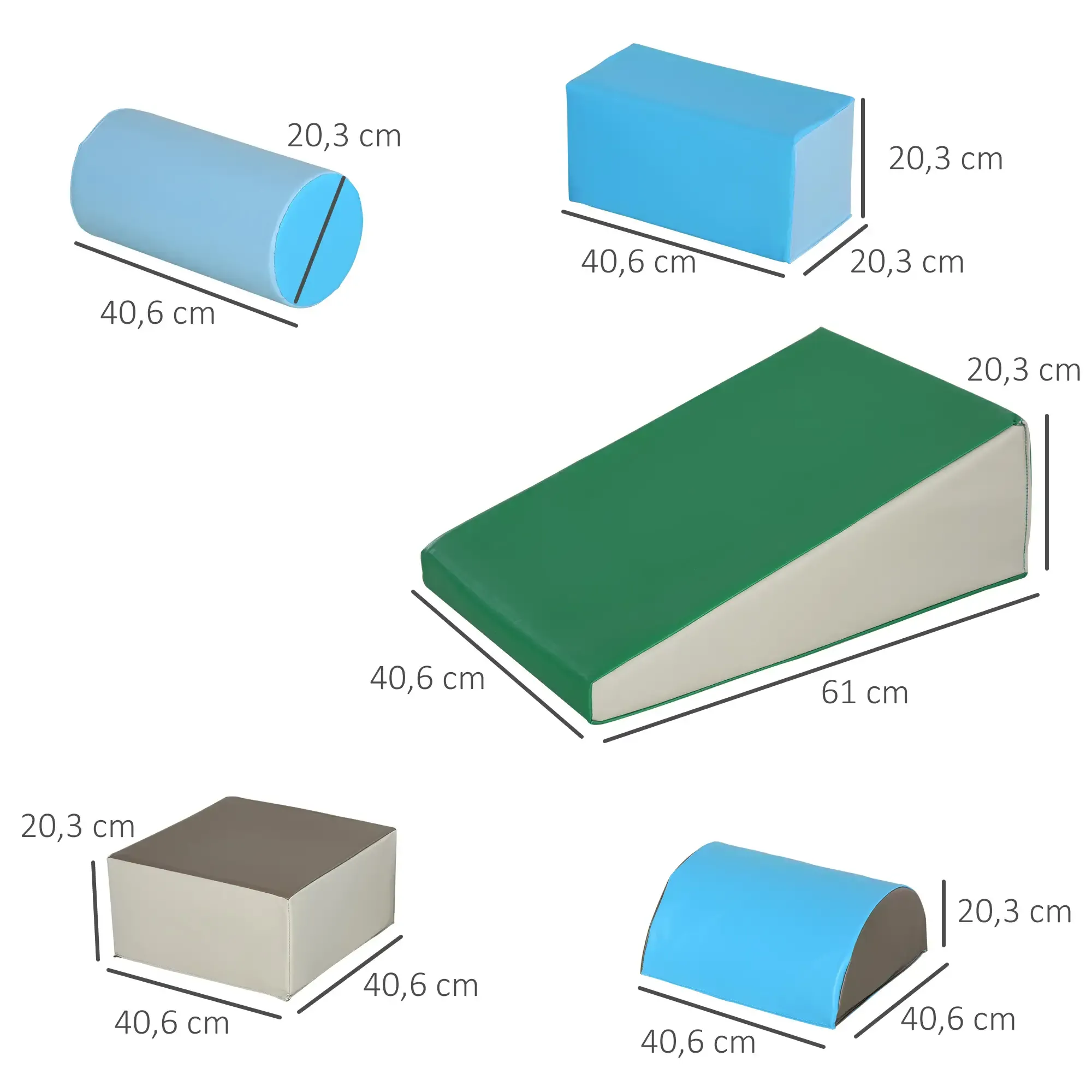 Verschiedene Schaumstoffformen: ein blauer Zylinder, ein blauer Block, eine grüne Rampe, ein grauer Block und ein blauer Halbzylinder, alle mit Abmessungen.