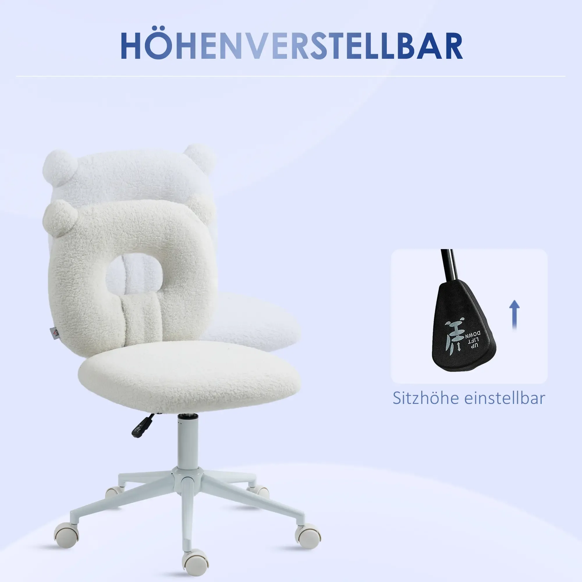 Ein weißer Teddybär-Stuhl mit höhenverstellbarer Funktion wird angezeigt. Der Stuhl hat ein niedliches Design und befindet sich auf blauem Grund.