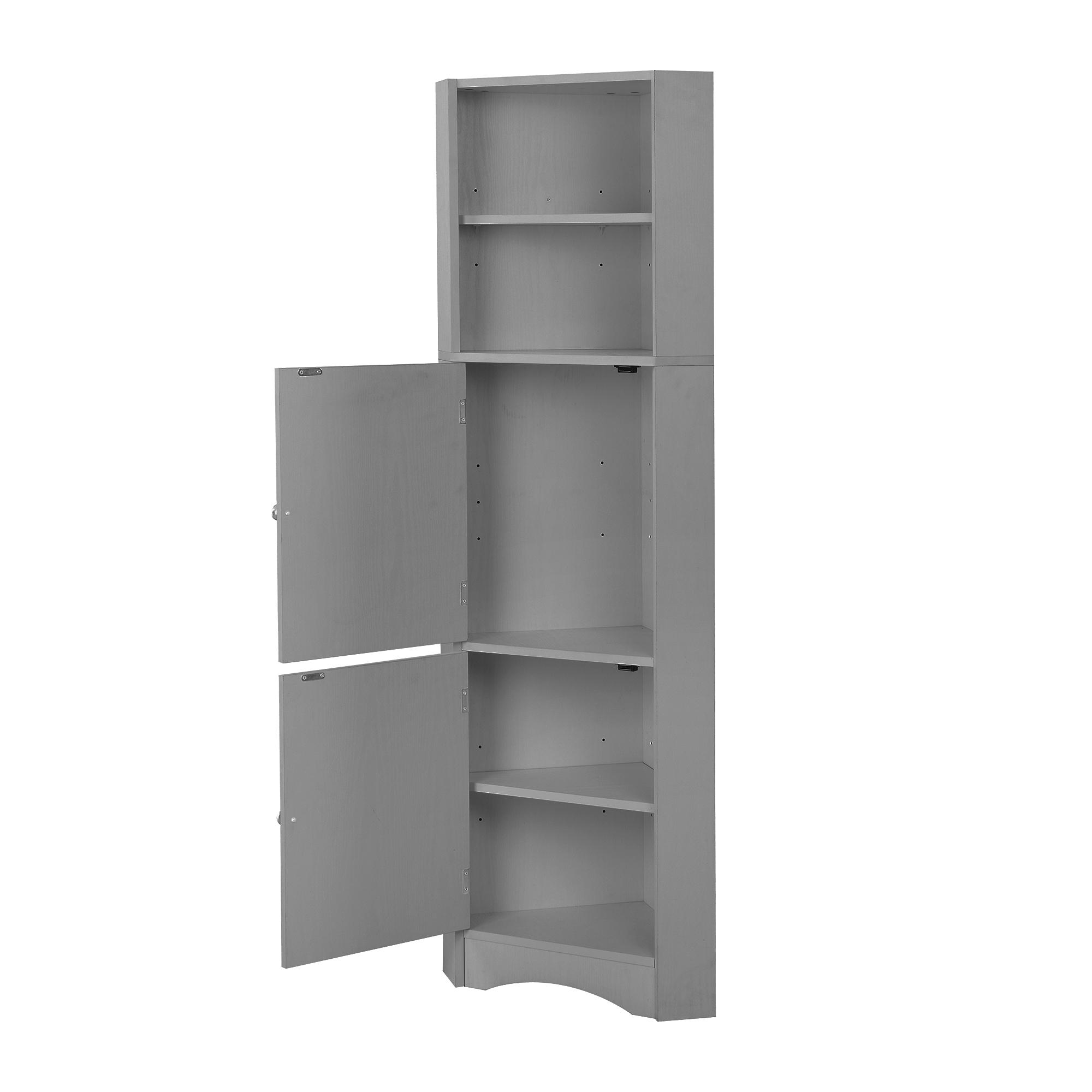 Ein grauer Holzschrank mit offenen Türen. Der Schrank hat Regale und befindet sich auf weißem Hintergrund.