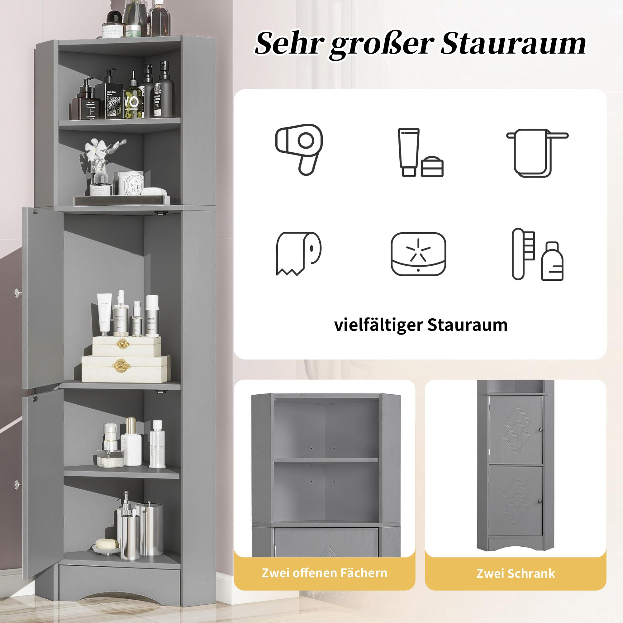 Ein grauer Badezimmerschrank mit offenen und geschlossenen Abschnitten, bestückt mit Toilettenartikeln.