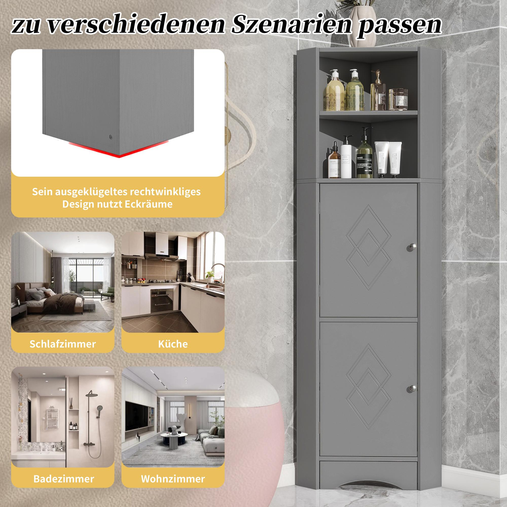 Ein grauer Eckschrank mit Regalen und Türen. Präsentiert mit Beispielen von Räumen: Schlafzimmer, Küche, Bad und Wohnzimmer.