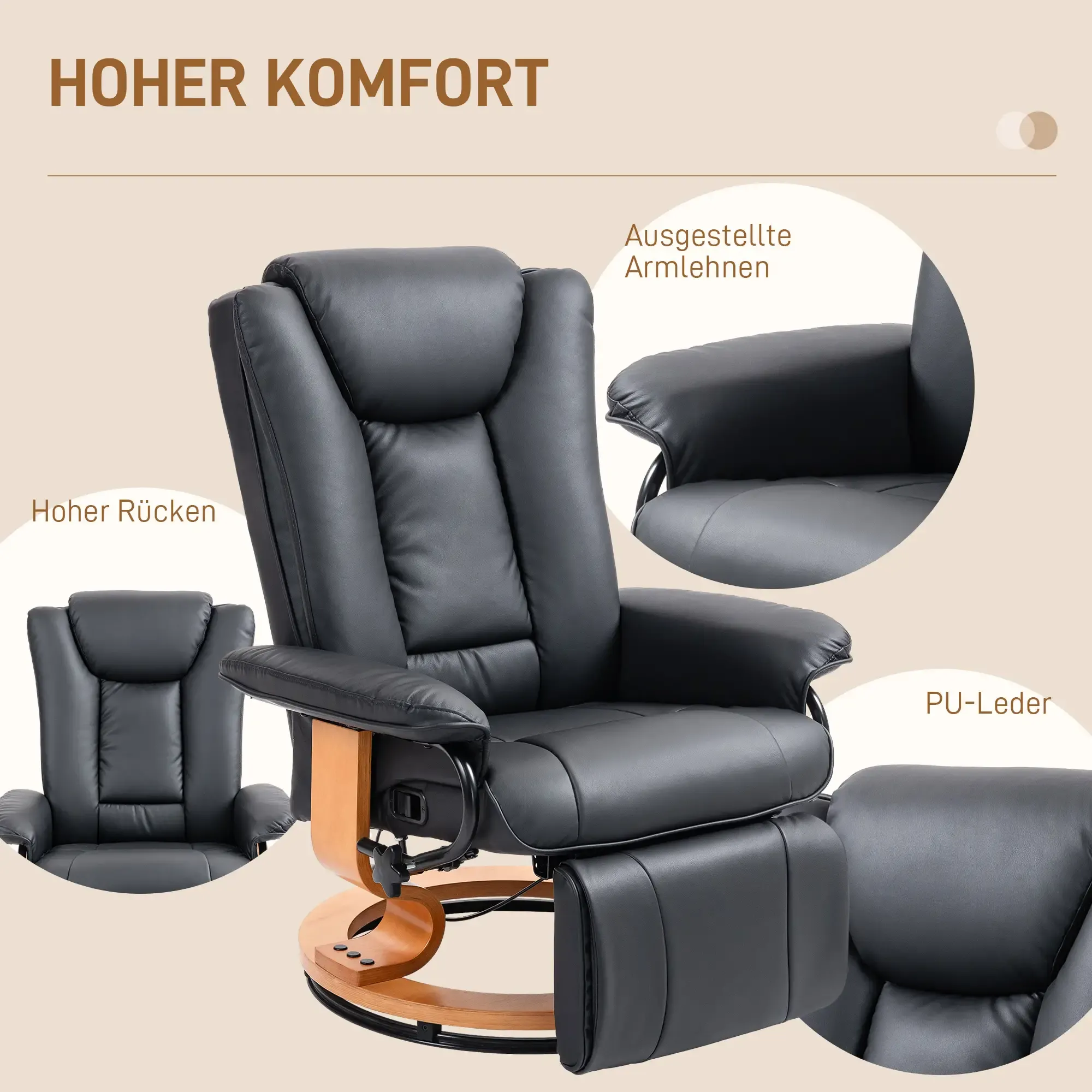 Schwarzer Leder-Relaxsessel mit Holzfuß. Hoher Rücken, Armlehnen und Fußstütze. Hintergrund ist beige.