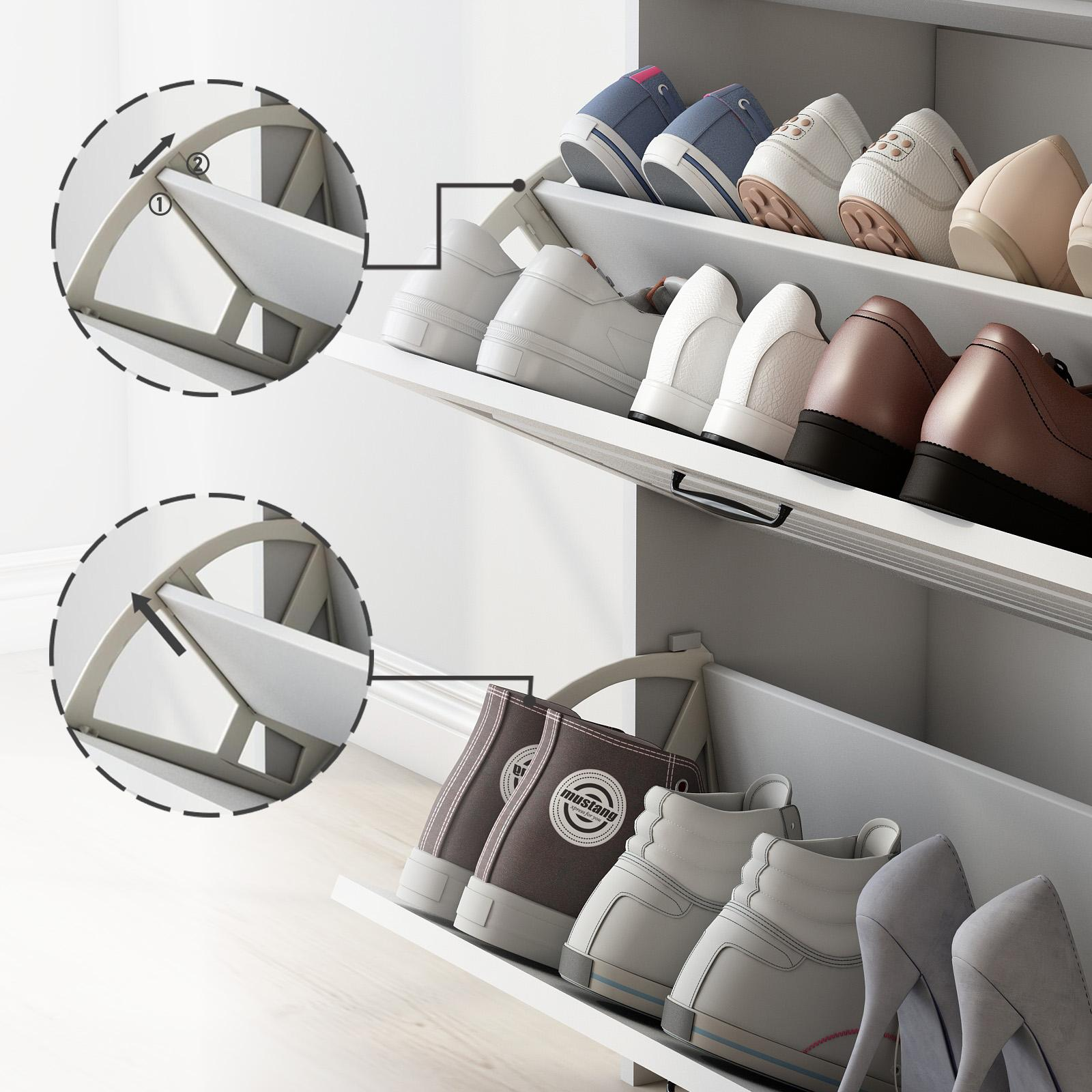 Ein weißes Schuhregal mit mehreren Schuhpaaren, darunter Turnschuhe, Absätze und Ballerinas. Das Regal hat ein Klappdesign.