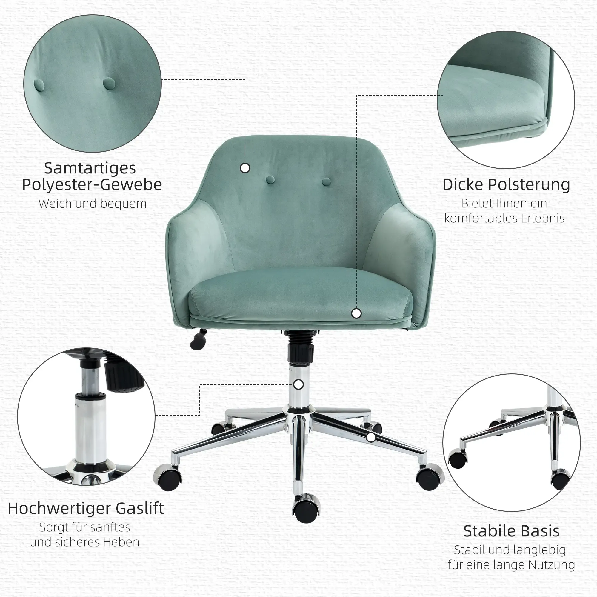 Ein Bürostuhl mit tealfarbenem Sitz und Rücken, verchromtem Gestell mit Rollen und Gaslift. Weiches, gepolstertes, und haltbares Design.