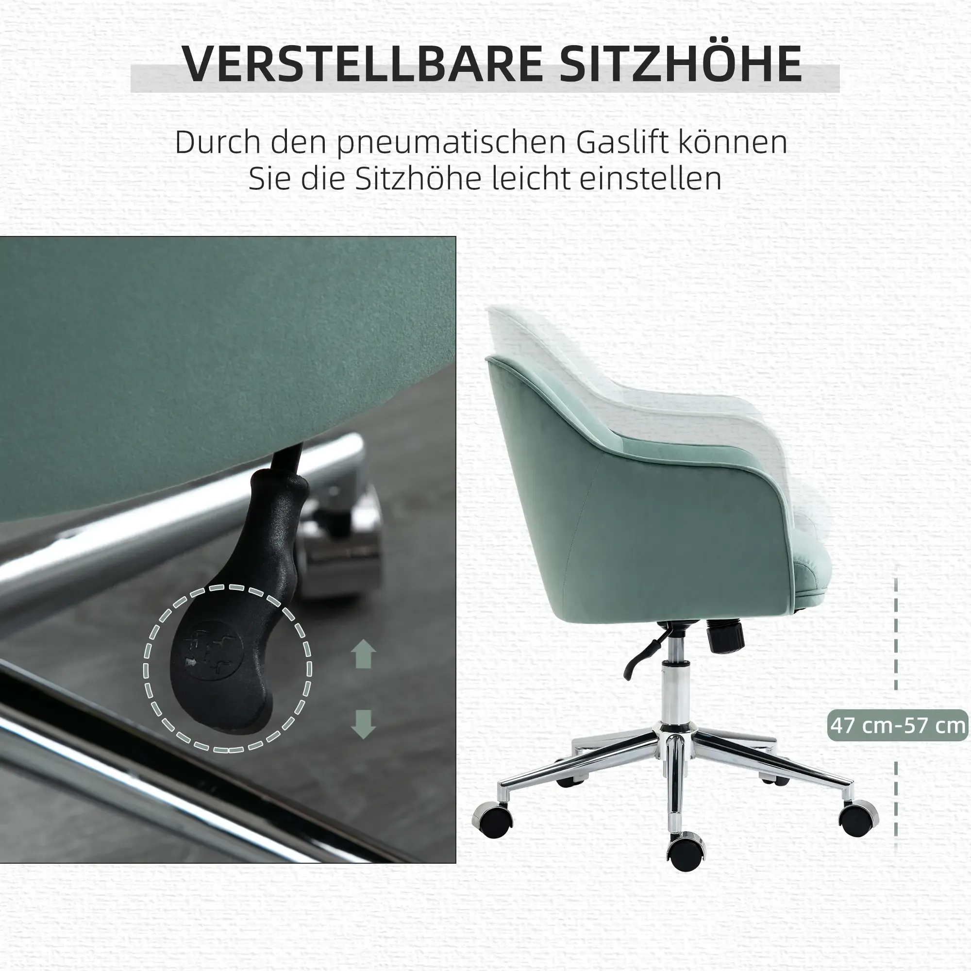 Ein Bürostuhl mit verstellbarer Höhe. Der Stuhl ist mintgrün. Der Höhenbereich beträgt 47-57 cm.