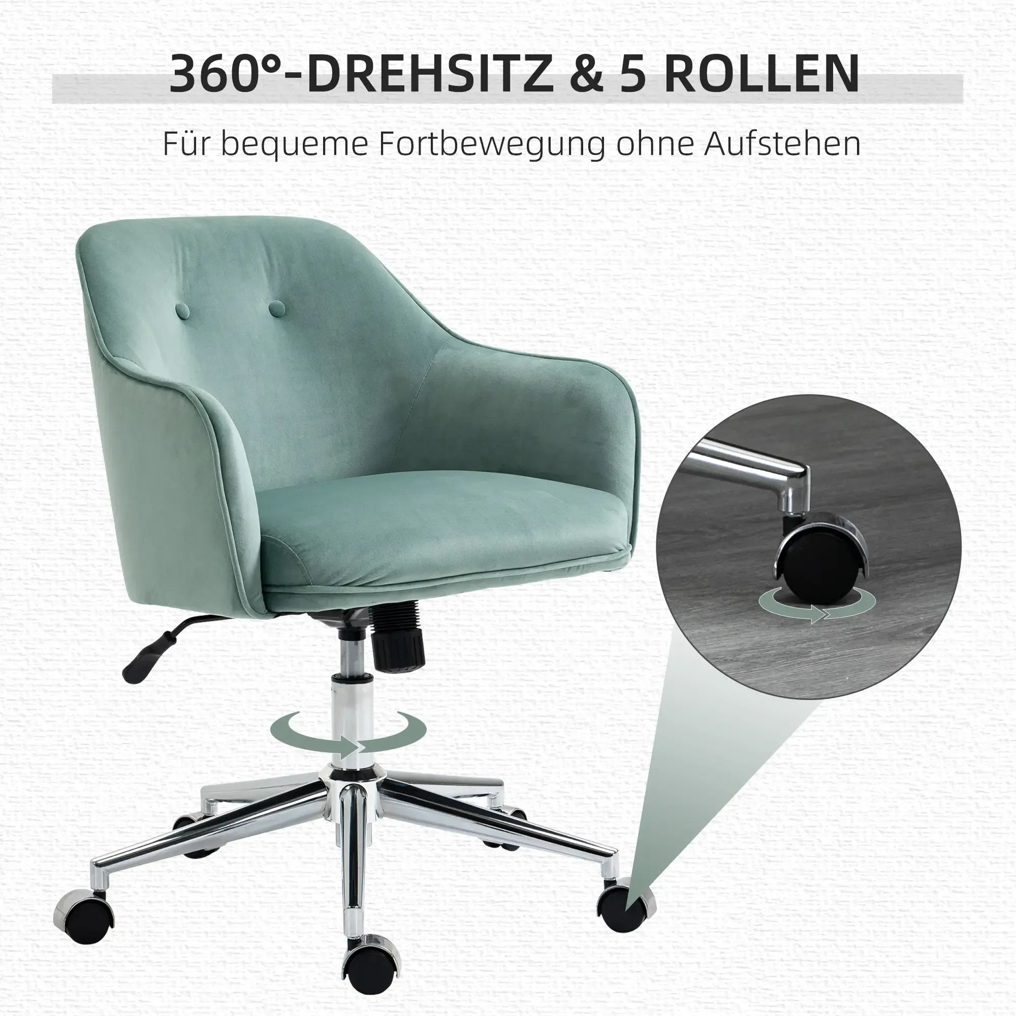Ein tealfarbener Bürostuhl mit 5 Rollen. Der Stuhl hat eine gepolsterte Rückenlehne und Sitzfläche. Der Text sagt, er hat 360° Drehung.
