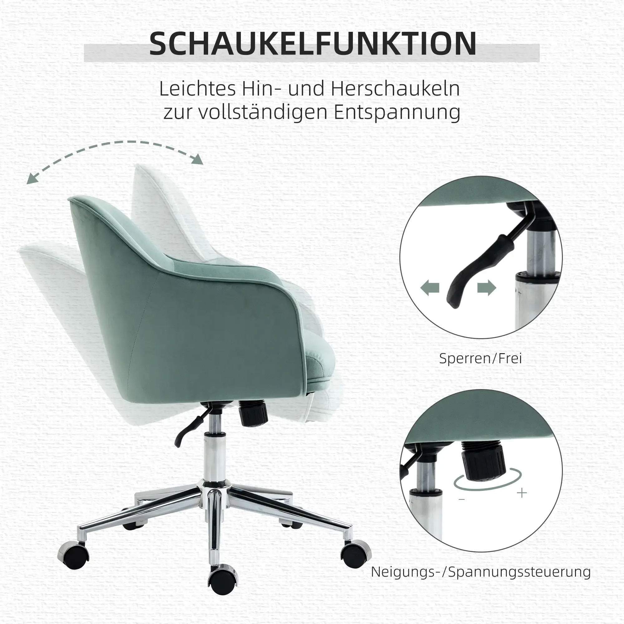 Ein Bürostuhl in Bewegung. Er ist hellgrün, hat ein silbernes Gestell und schwarze Räder. Text auf Deutsch beschreibt seine Funktionen.