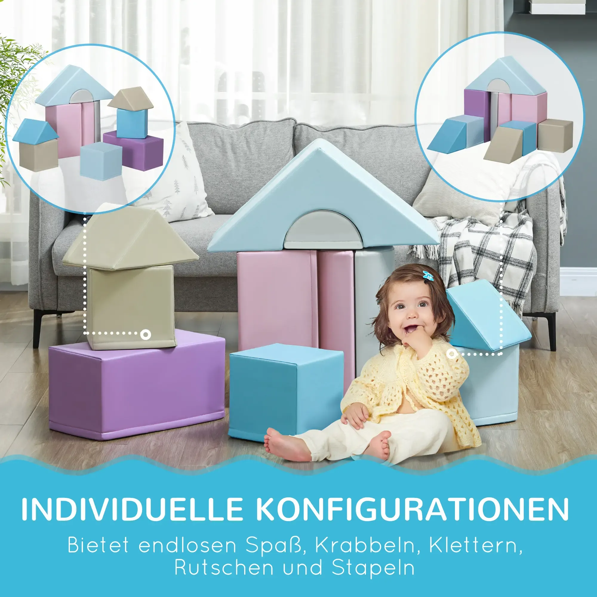 Ein Baby lächelt in der Nähe von Bausteinen. Die Blöcke sind in verschiedenen Farben und in hausähnlichen Formen angeordnet.