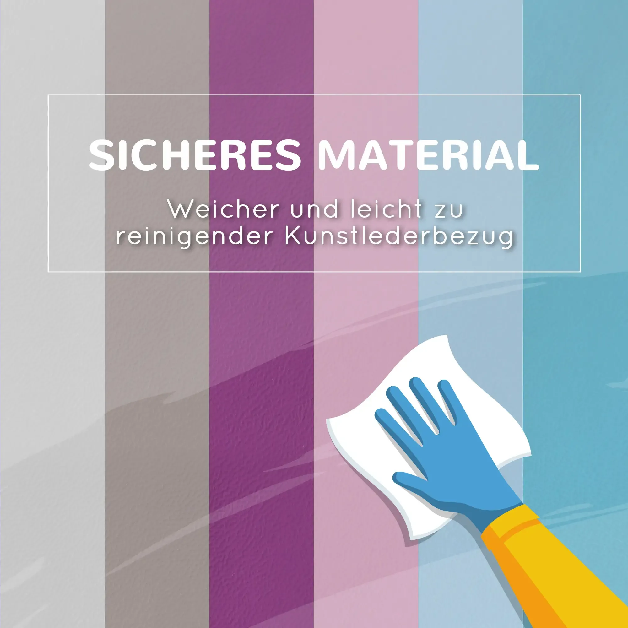 Das Bild zeigt eine Hand mit blauem Handschuh, die eine Oberfläche reinigt. Die Oberfläche hat farbige Streifen und Text.