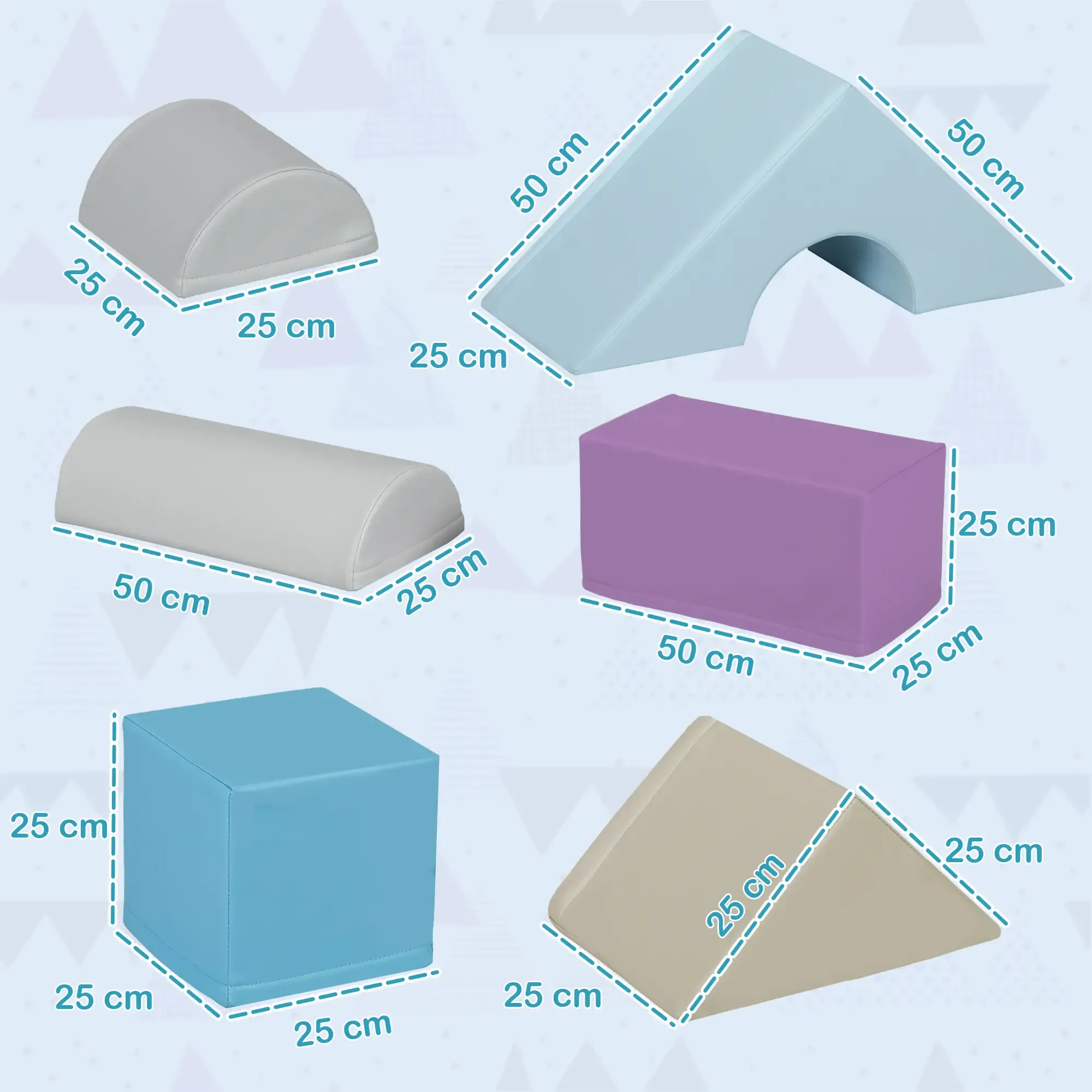 Verschiedene bunte Schaumstoff-Spielblöcke. Enthält grauen Halbkreis, blaue Rampe, grauen Zylinder, violettes Rechteck und blauem Würfel.