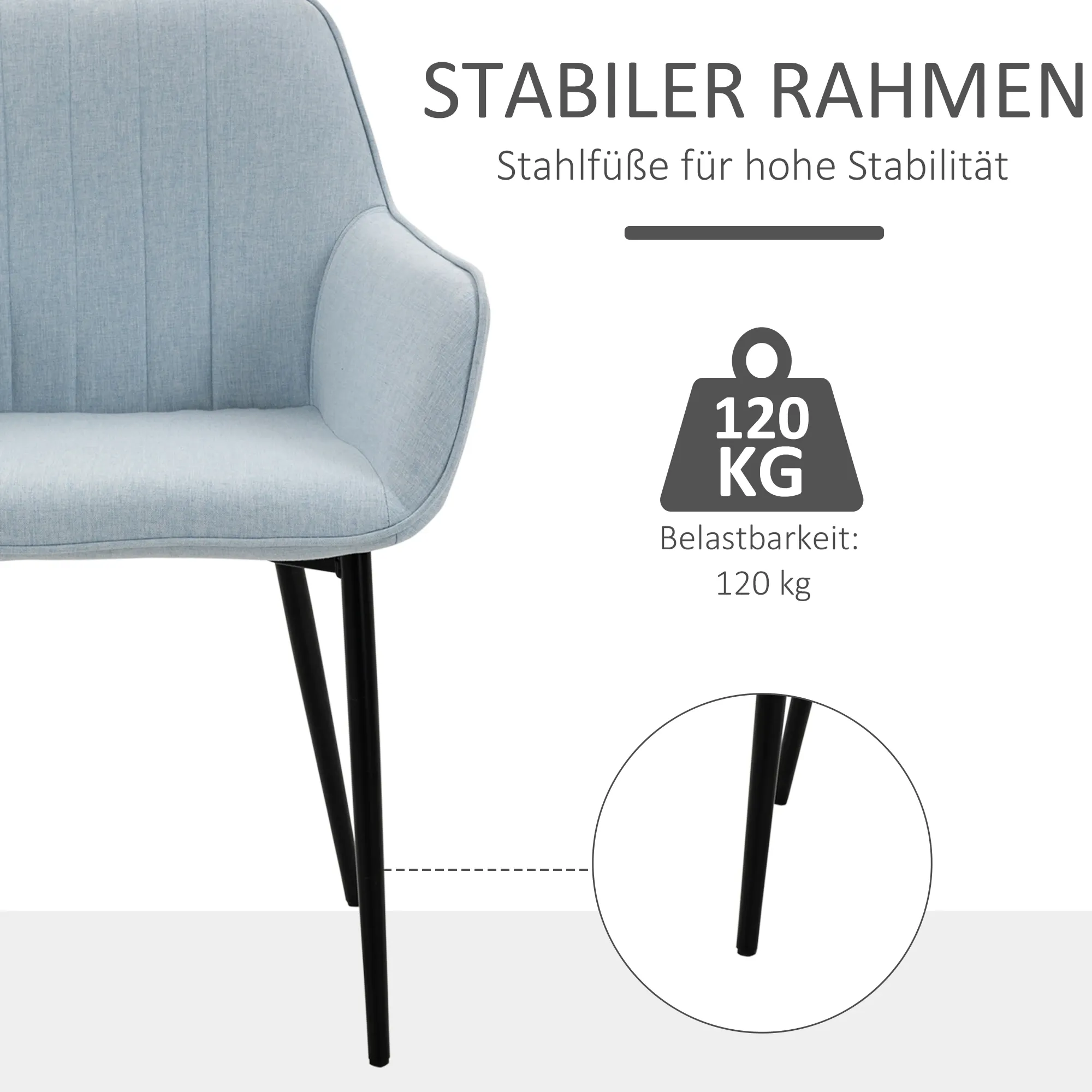 Ein hellblauer Sessel mit schwarzen Beinen. Text: 'STABILER RAHMEN' und '120 KG'.